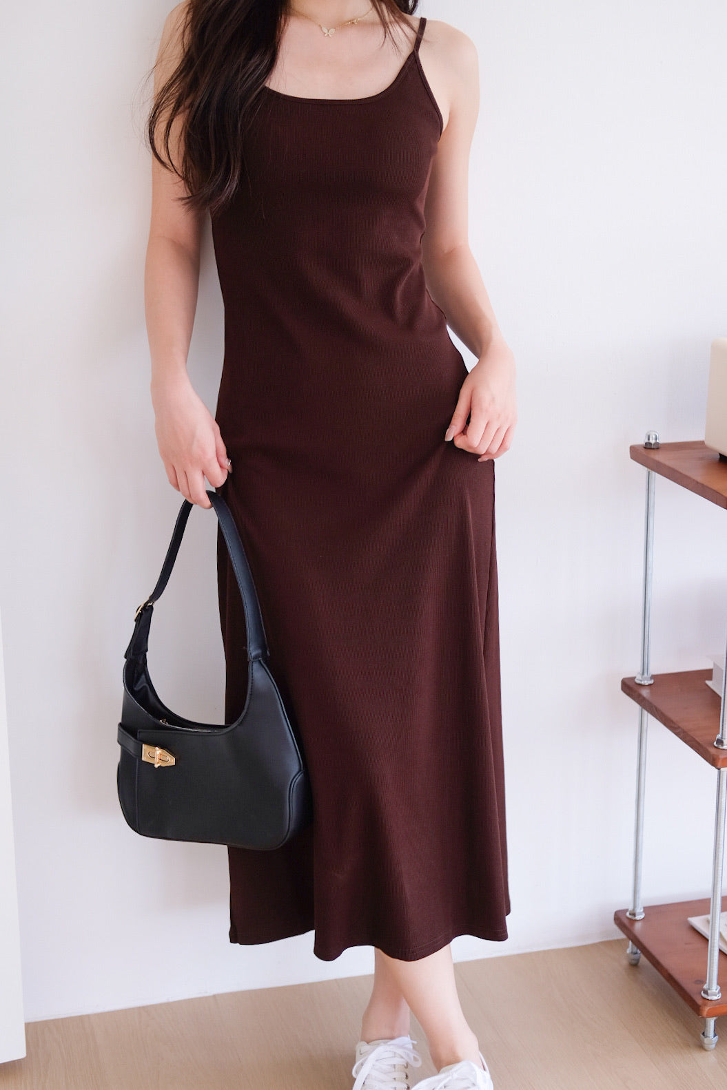 Jocelyn Padded Ribbed A Line Dress (Espresso Brown)