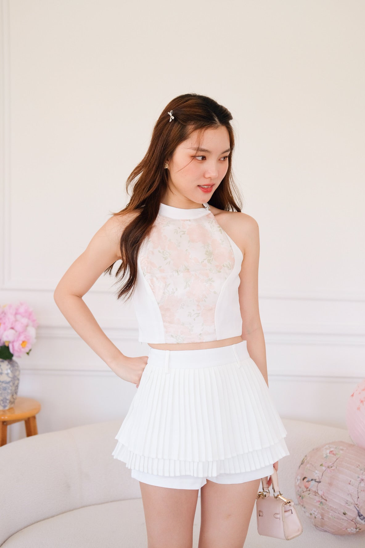 Ophelia Floral Pleated Set (White)