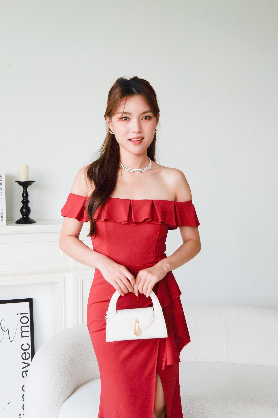 Dione Off Shoulder Slit Dinner Maxi Dress (Wine)