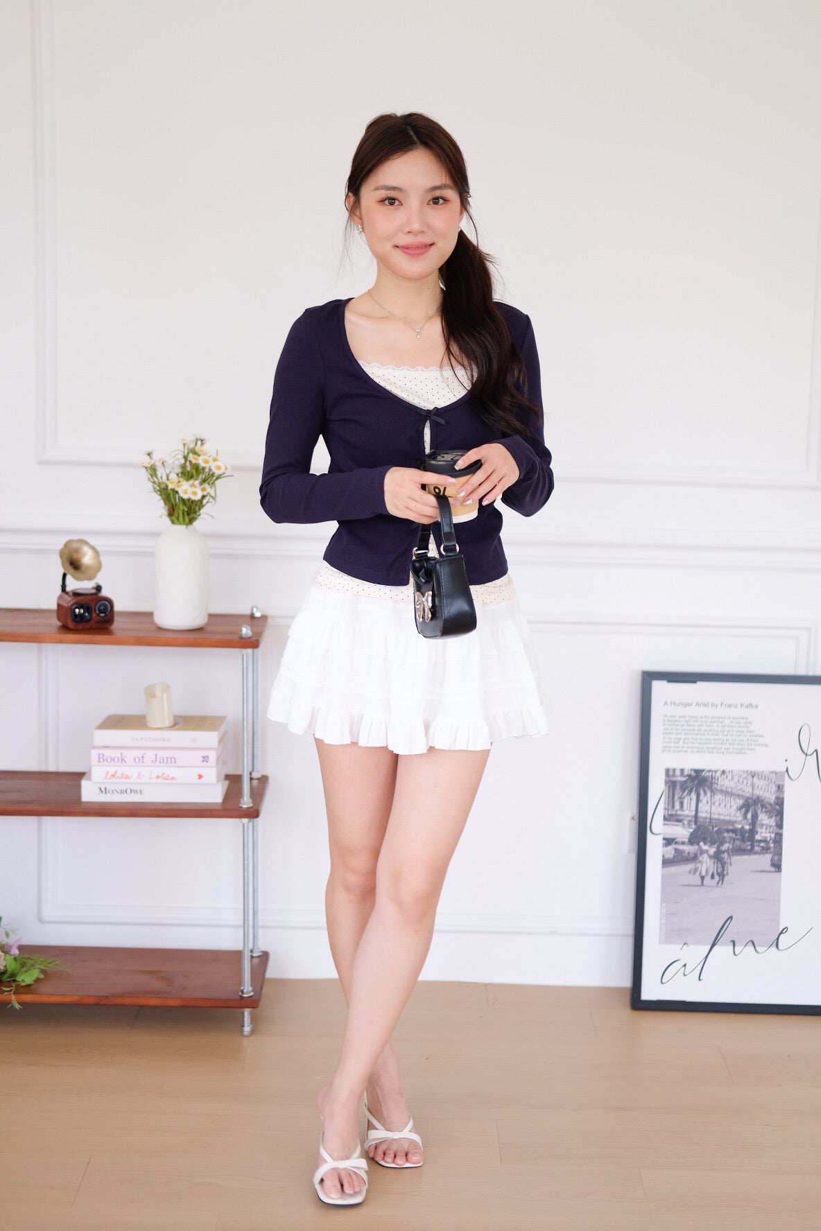 Ahyeon Contrast Polka Long Sleeve Top (Navy Blue)