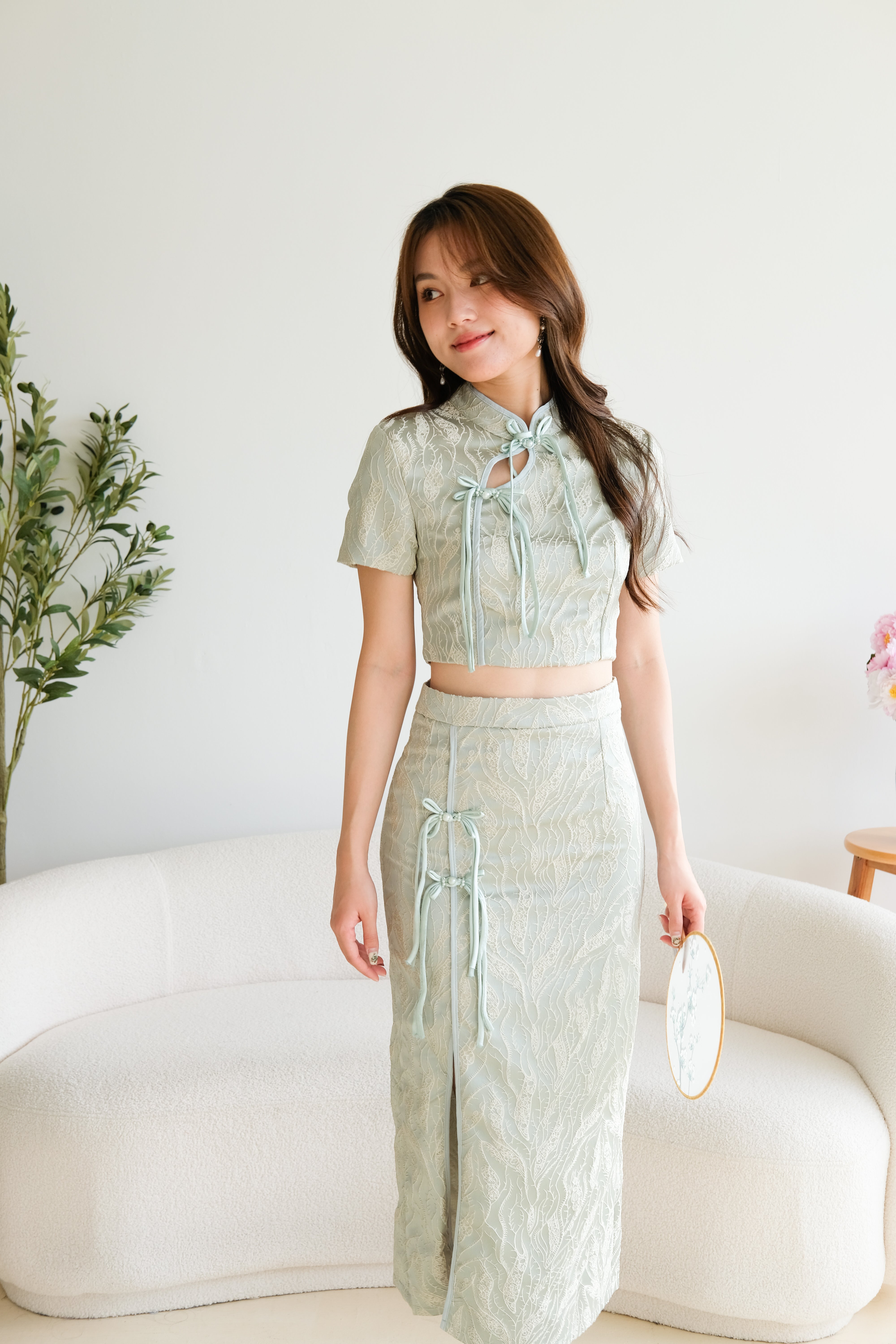 Ying Modern Midi Cheongsam Set (Light Pine Green)