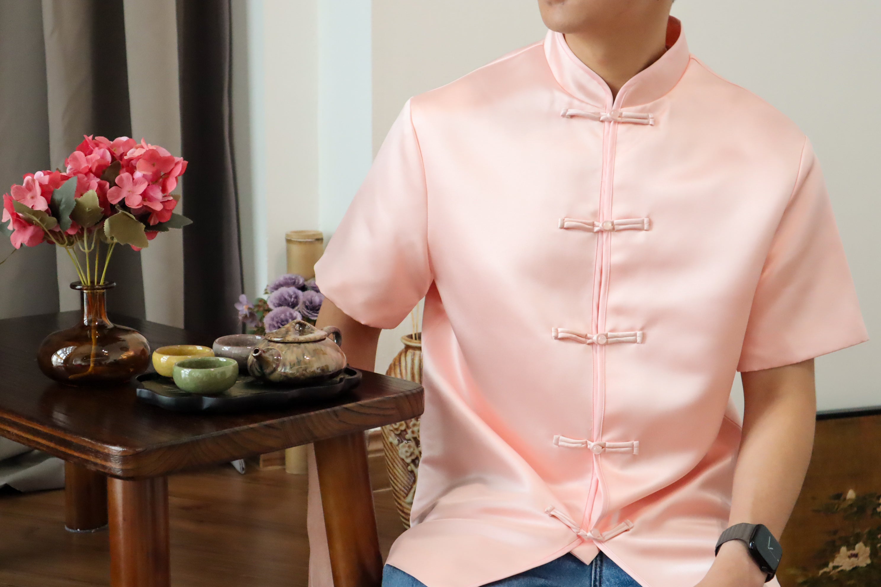 玉树临风 Feng Button Men Samfu (Silk Pink)