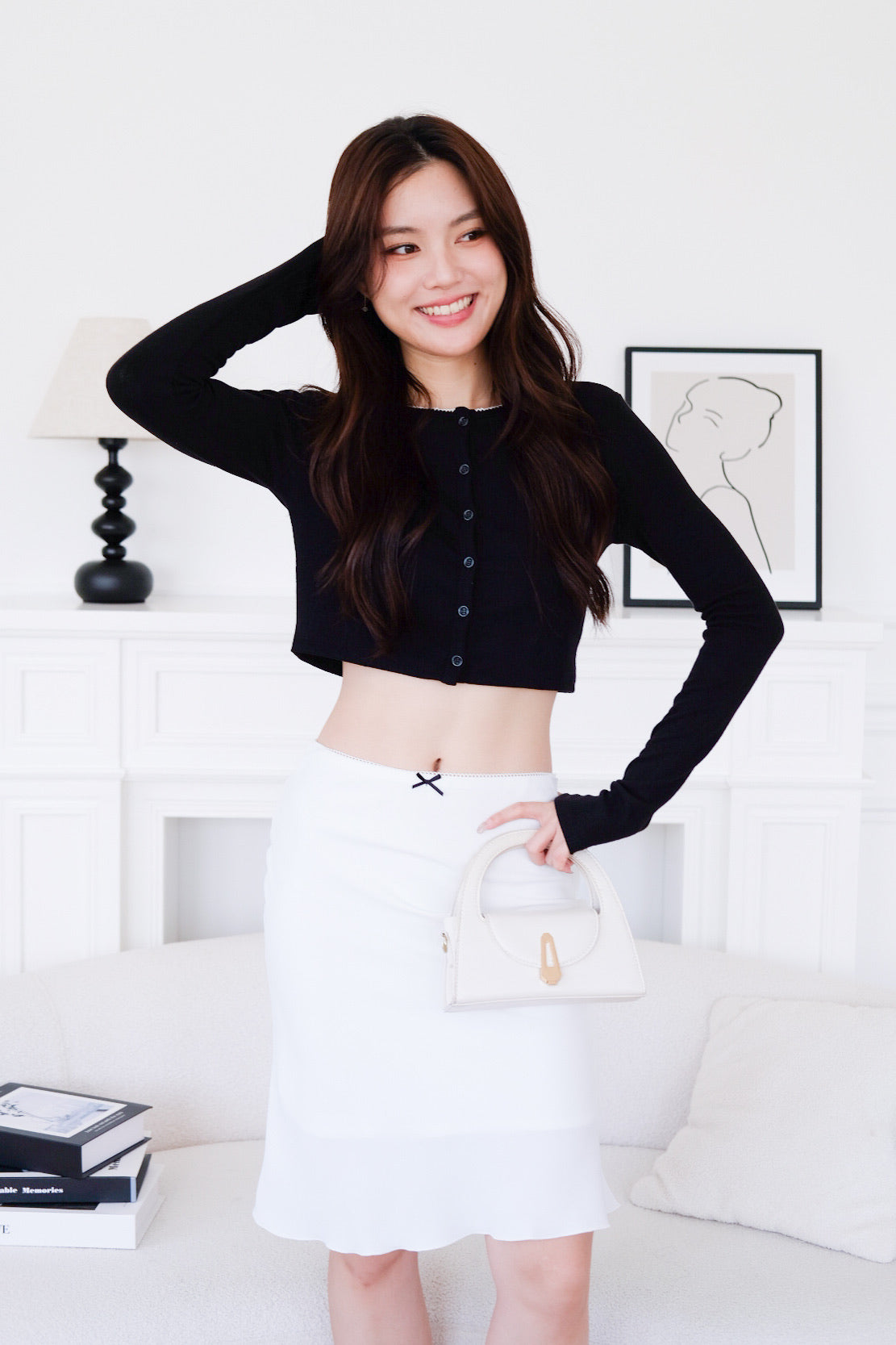 Clarise Mini Bow Knee Length Flare Skirt (Plain White)