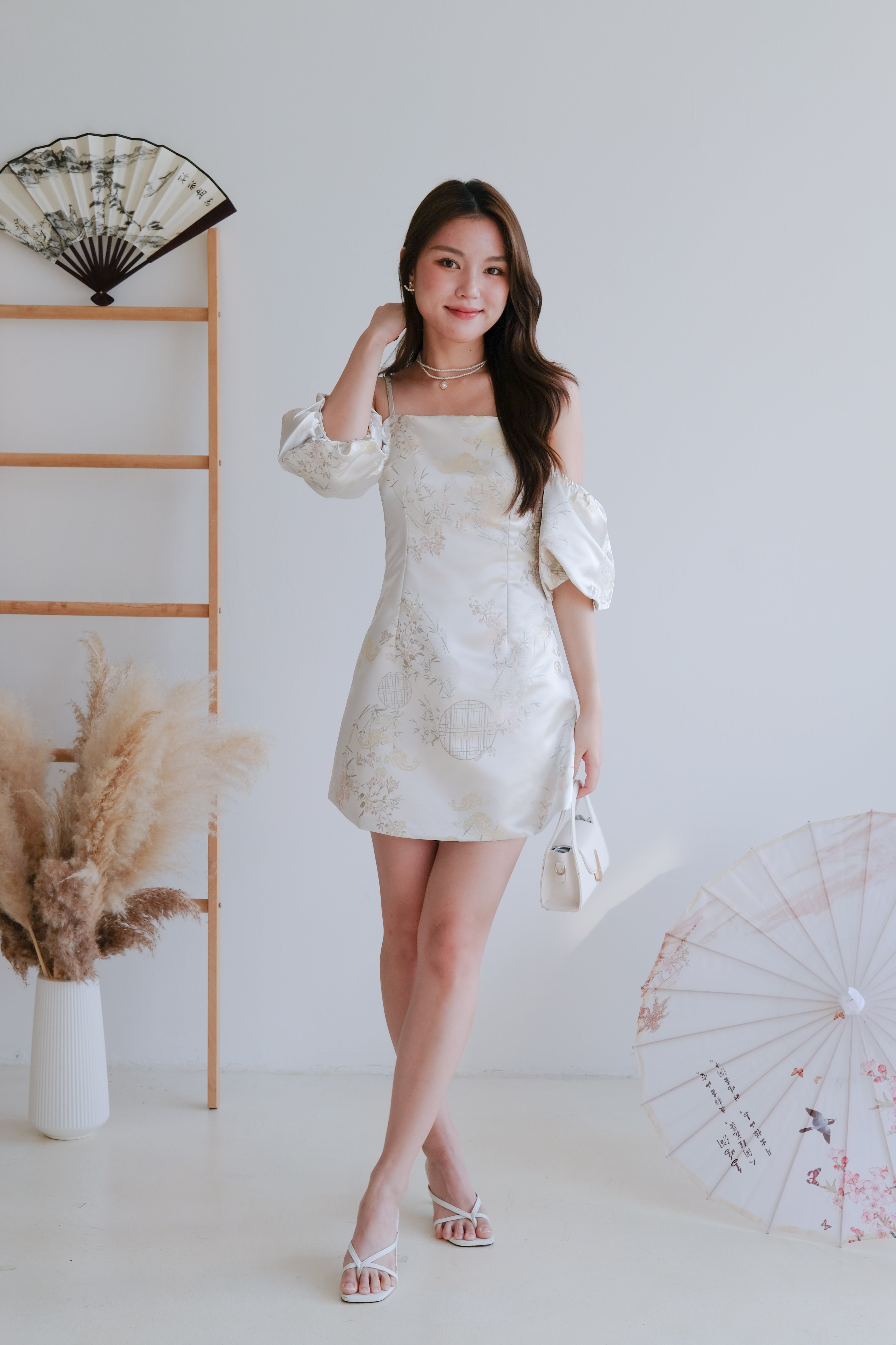 Ya Yun Tropical Cold Shoulder Dress (Pearl White)