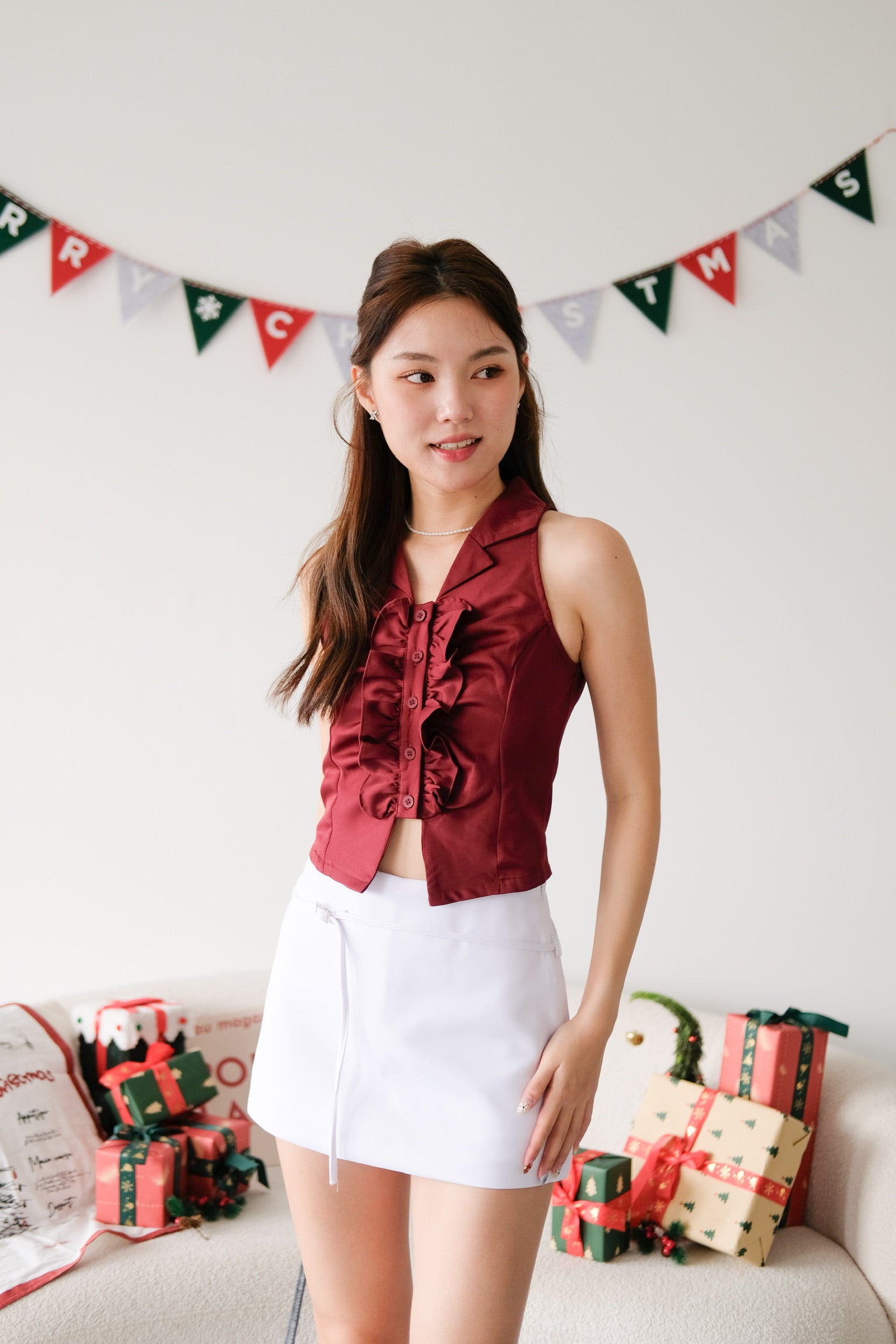 Naru Ruffle Collared Crop Top (Maroon)
