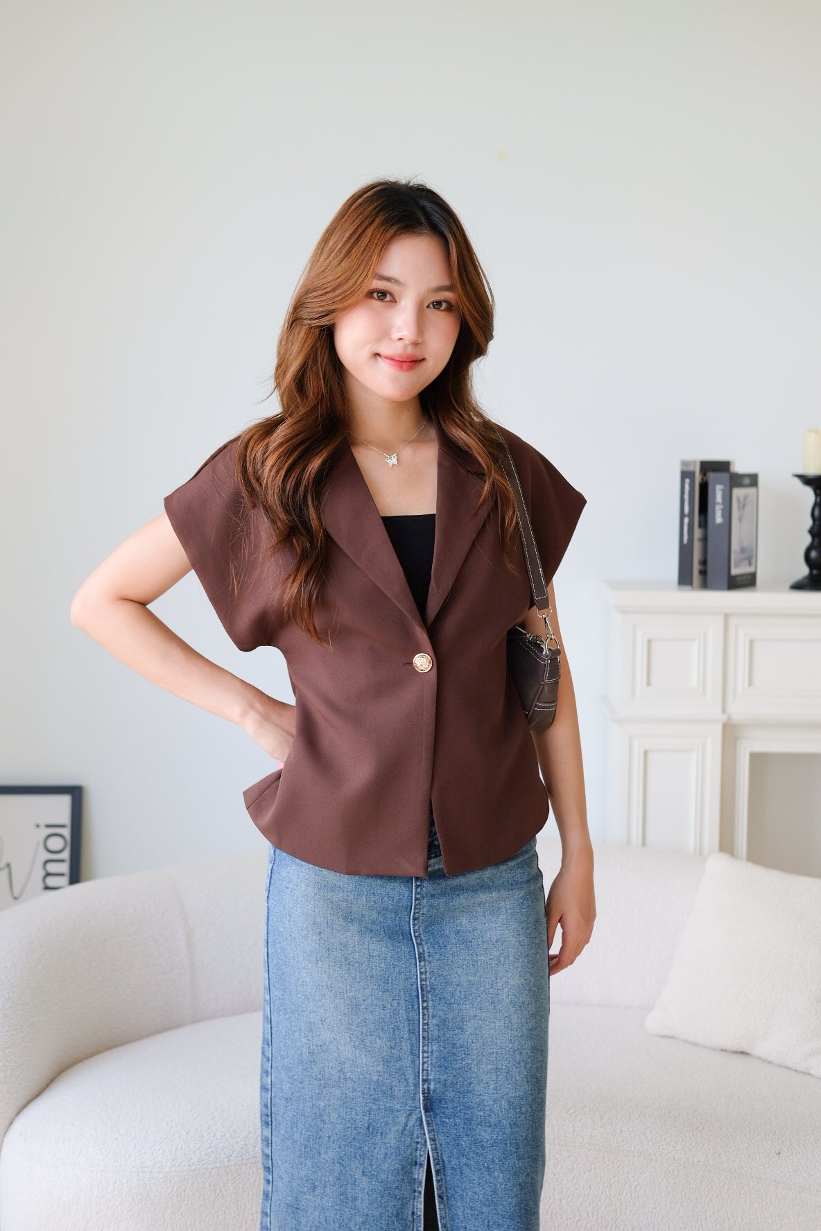 Workday Short Sleeves Blazer (Espresso Brown)