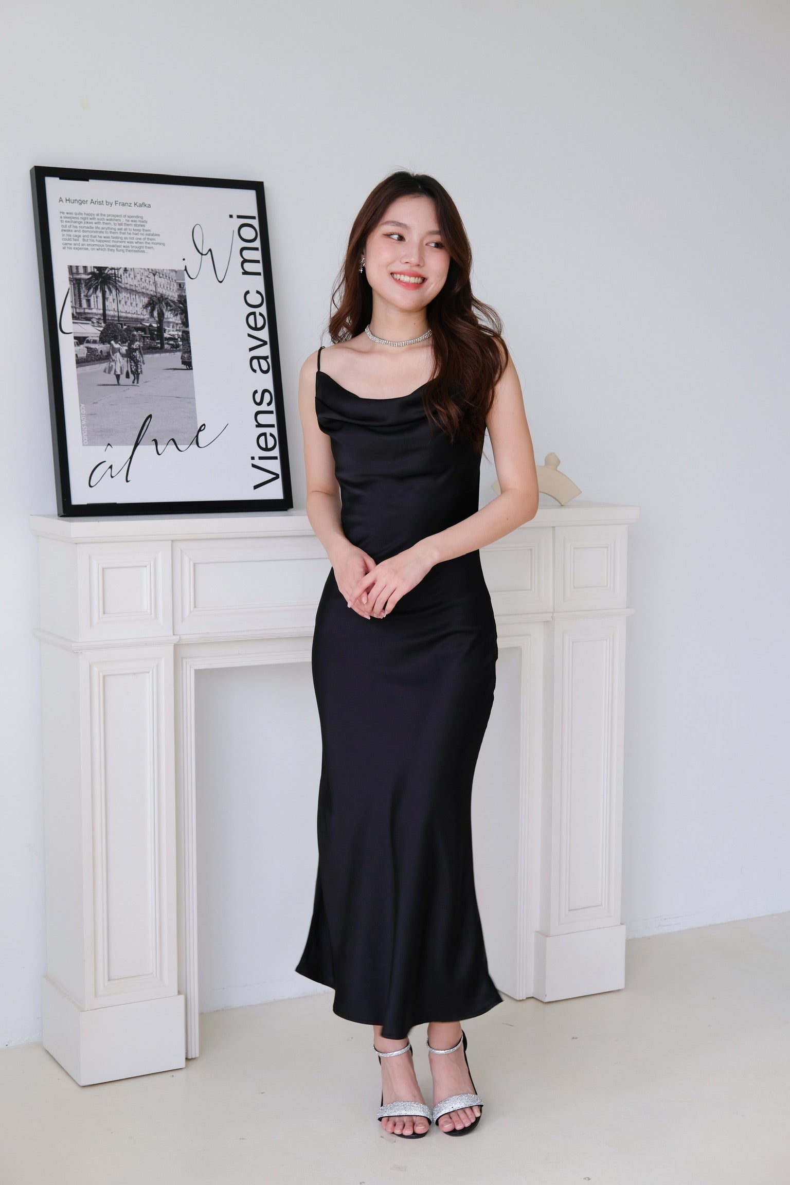 Victoria Cowl Satin Bareback Maxi Dress (Black)