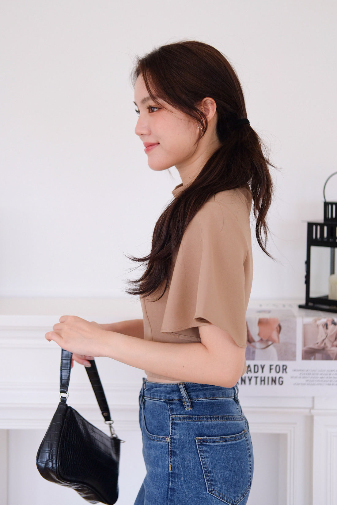 Veena Flutter Sleeves High Neck Top (Khaki)