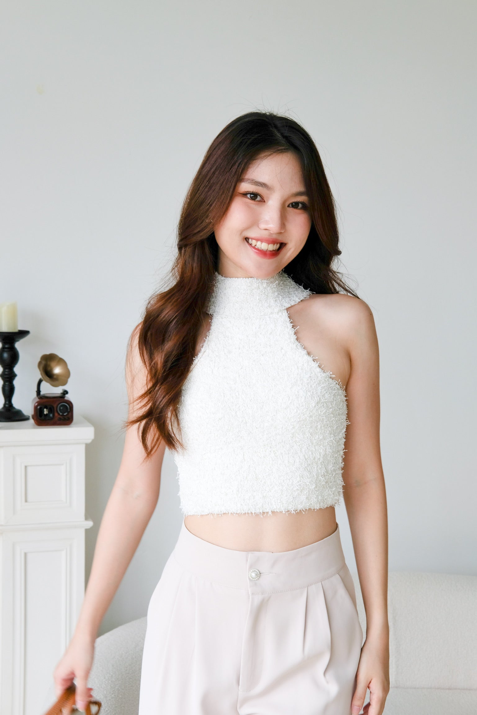 Hana Halter Tweed Crop (Pearl White)