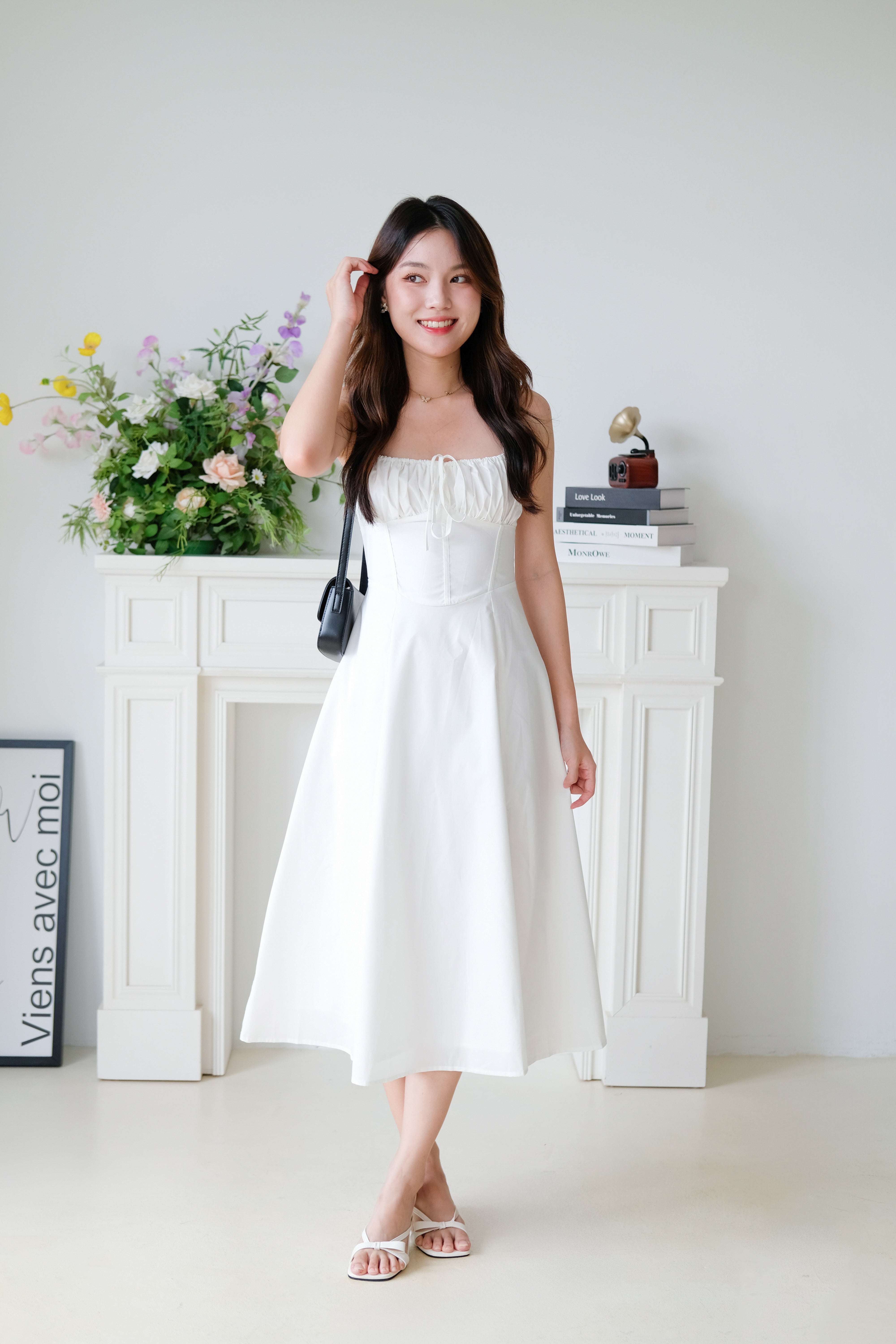Claire Ruched Slit Midaxi Dress (White)