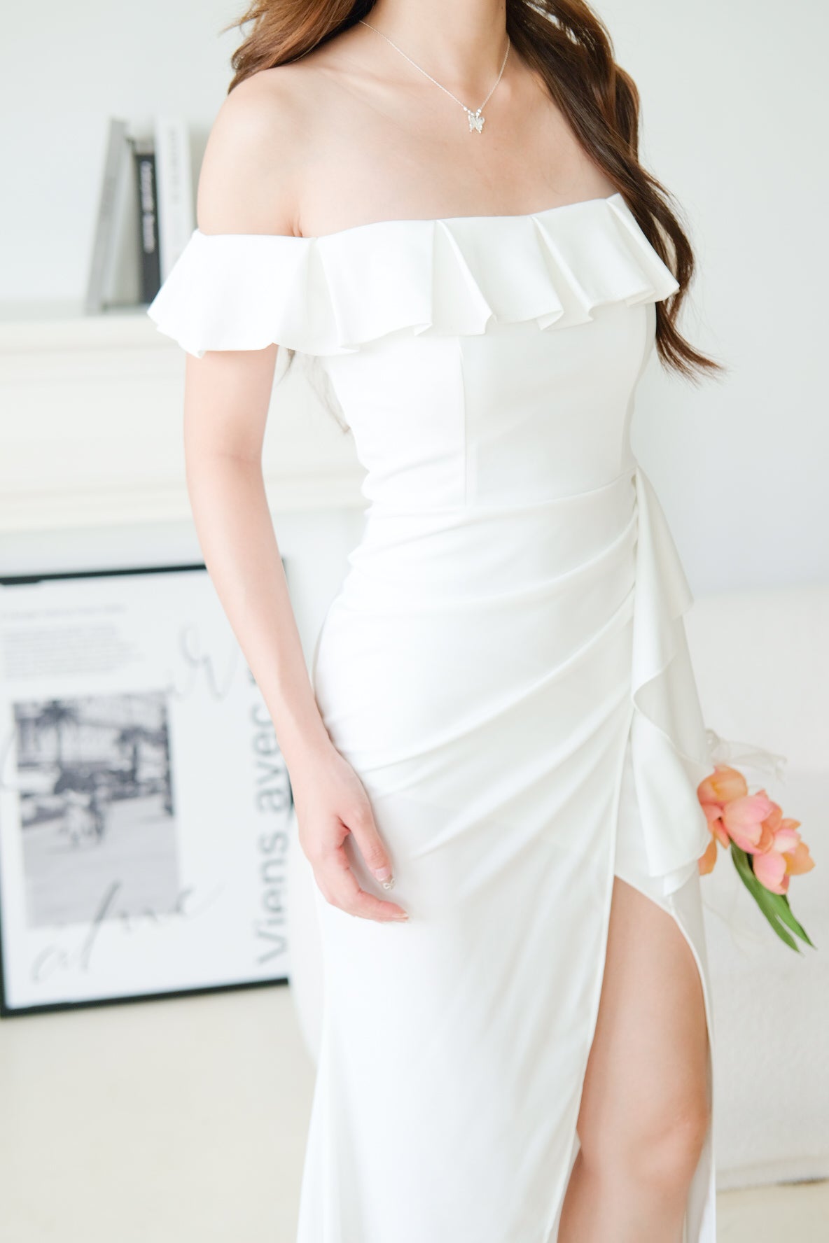 Dione Off Shoulder Slit Dinner Maxi Dress (White)