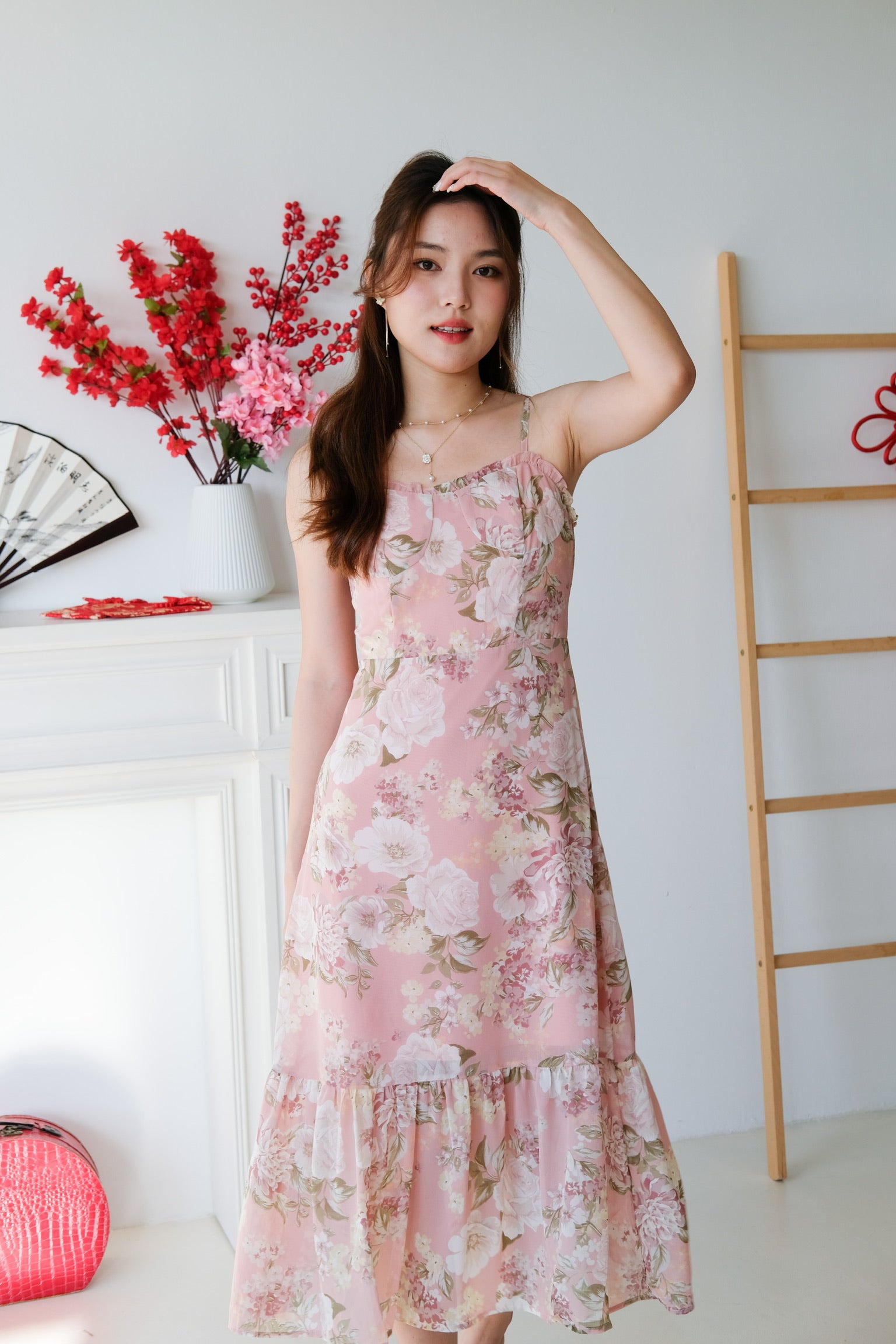 Valencia Floral Midi Dress (Light Pink)