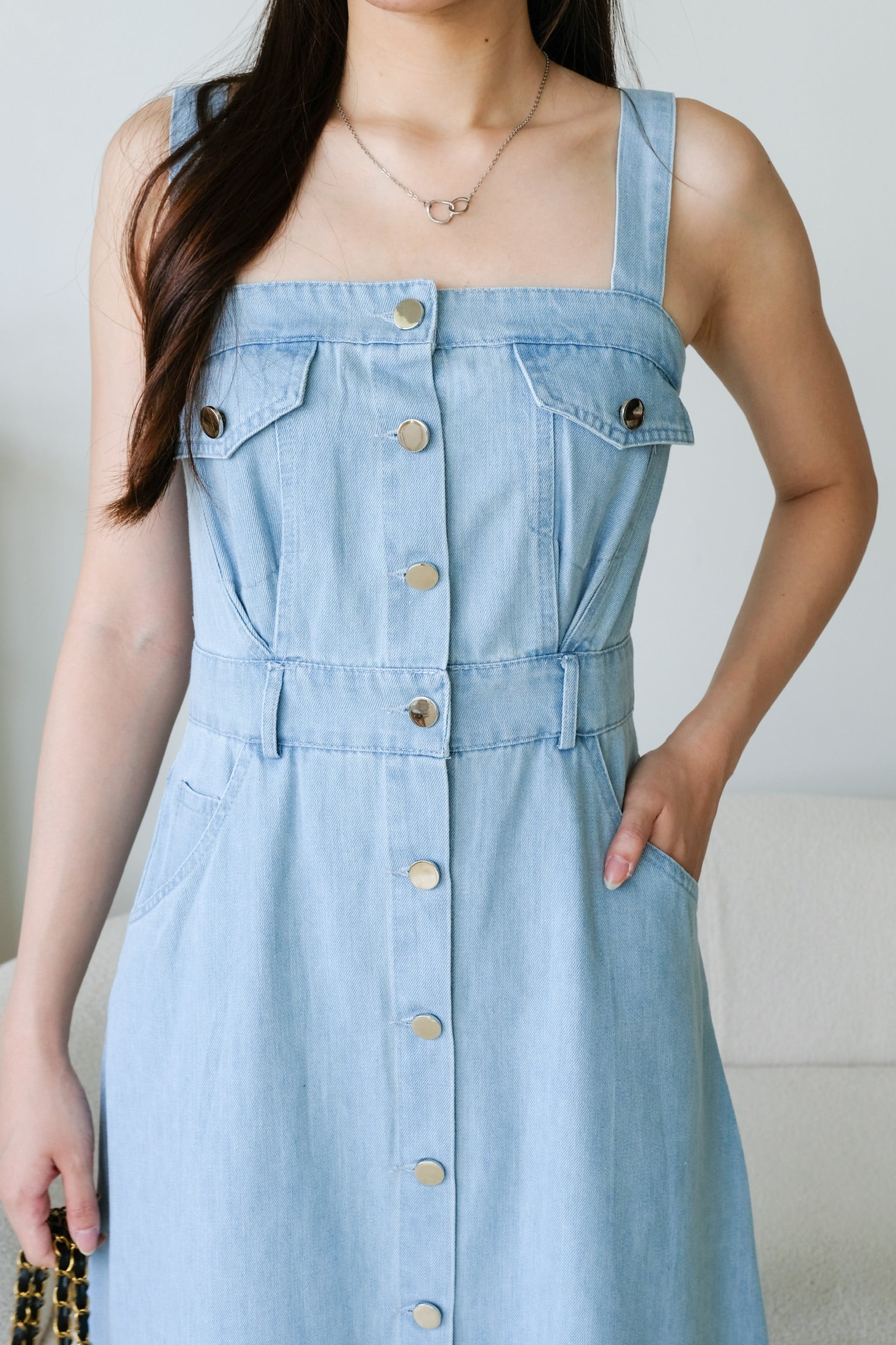 Ean Button Down Denim Maxi Dress (Light Blue)