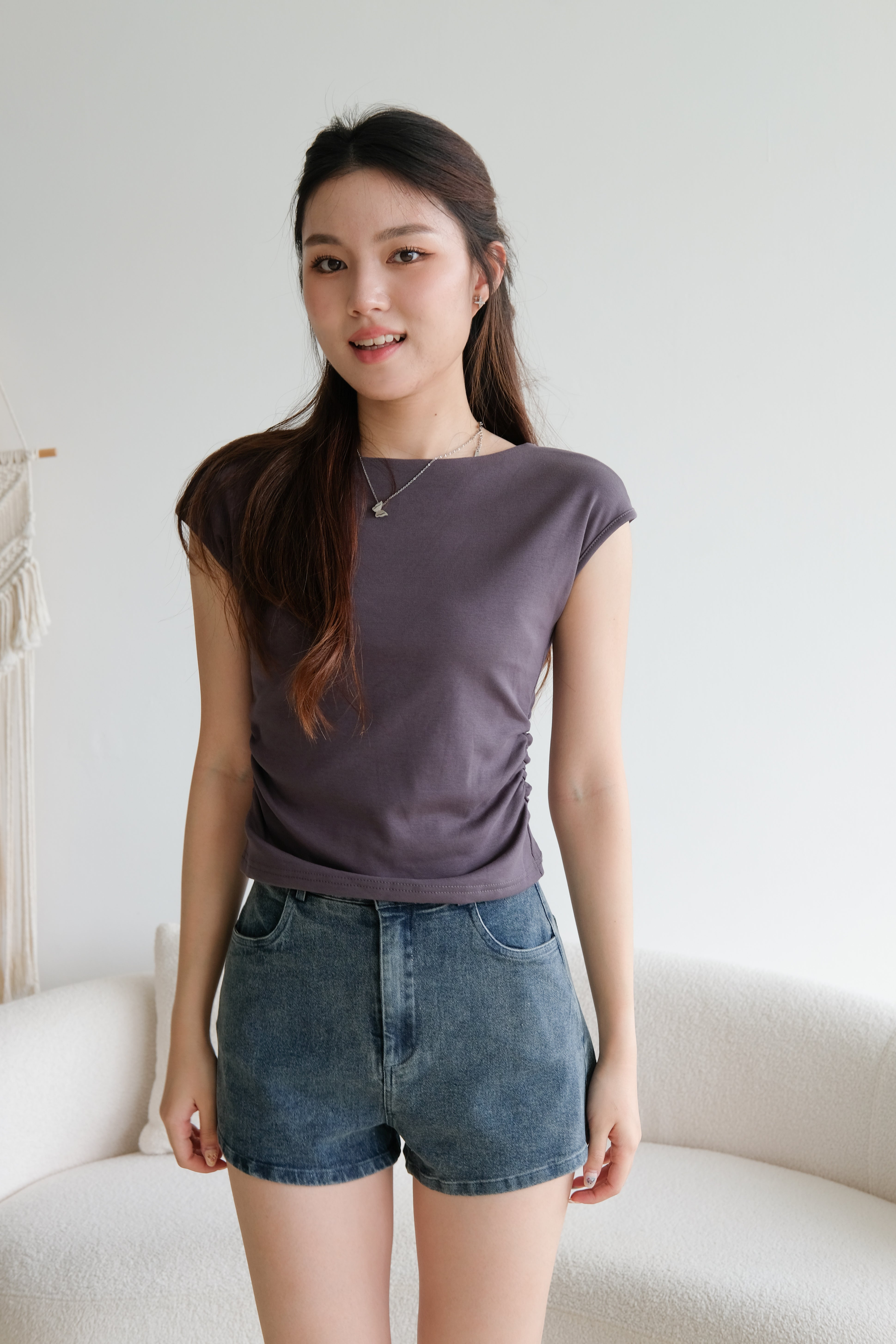 Zola Boatneck Ruched Tee (Steel Grey)