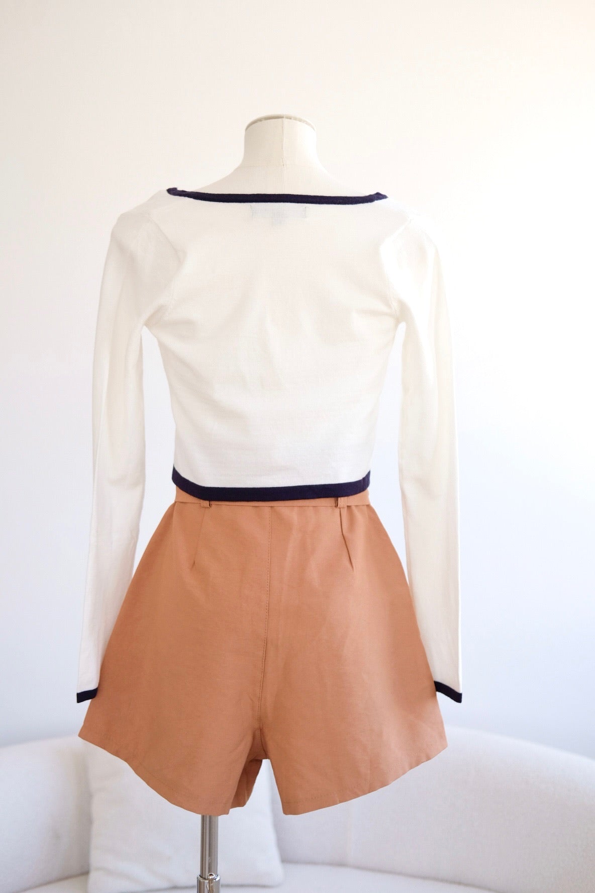 White Soft Contrast Long Sleeves Top