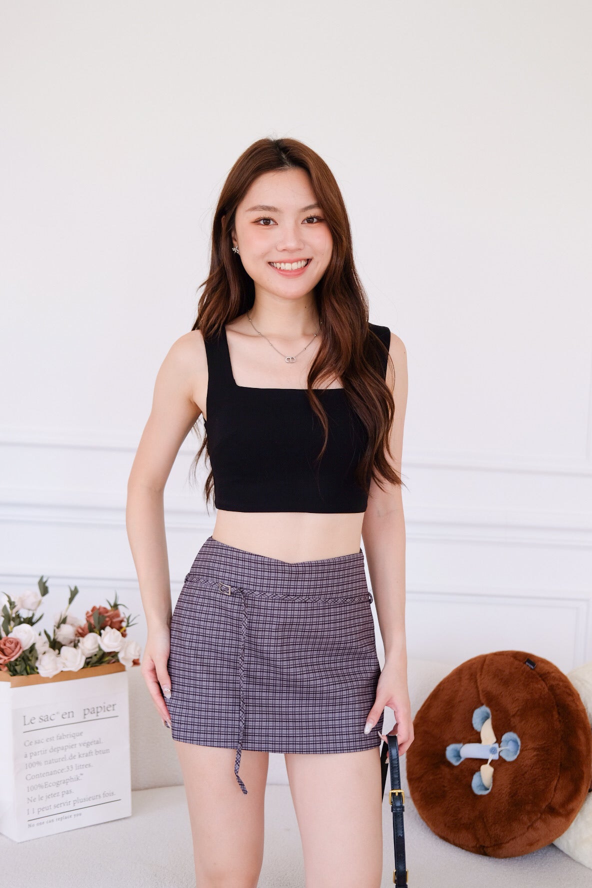 Tasha Mini Belt Skort (Plaid Brown)