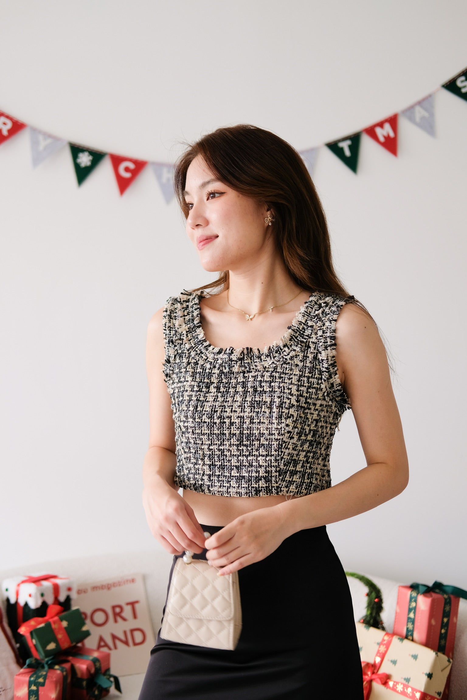 Mirea Frills Tweed Crop Top (Black)
