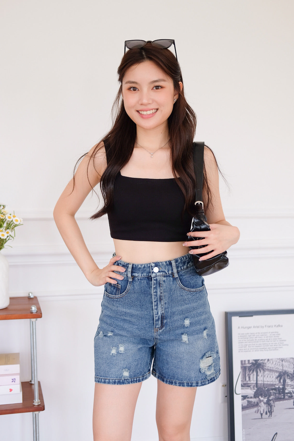 Easy Going Ripped Denim Mom Shorts (Dark Blue)