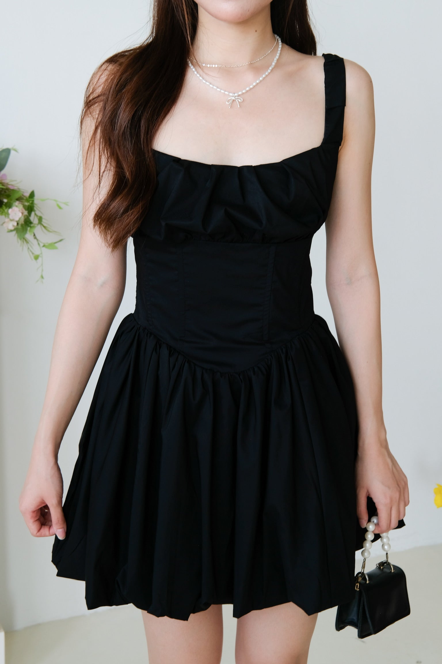 Carine Ruched Bubble Dress (Black)