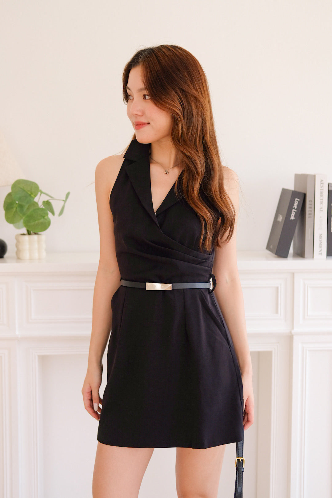 Chrysan V Neck Belted Dress (Black)