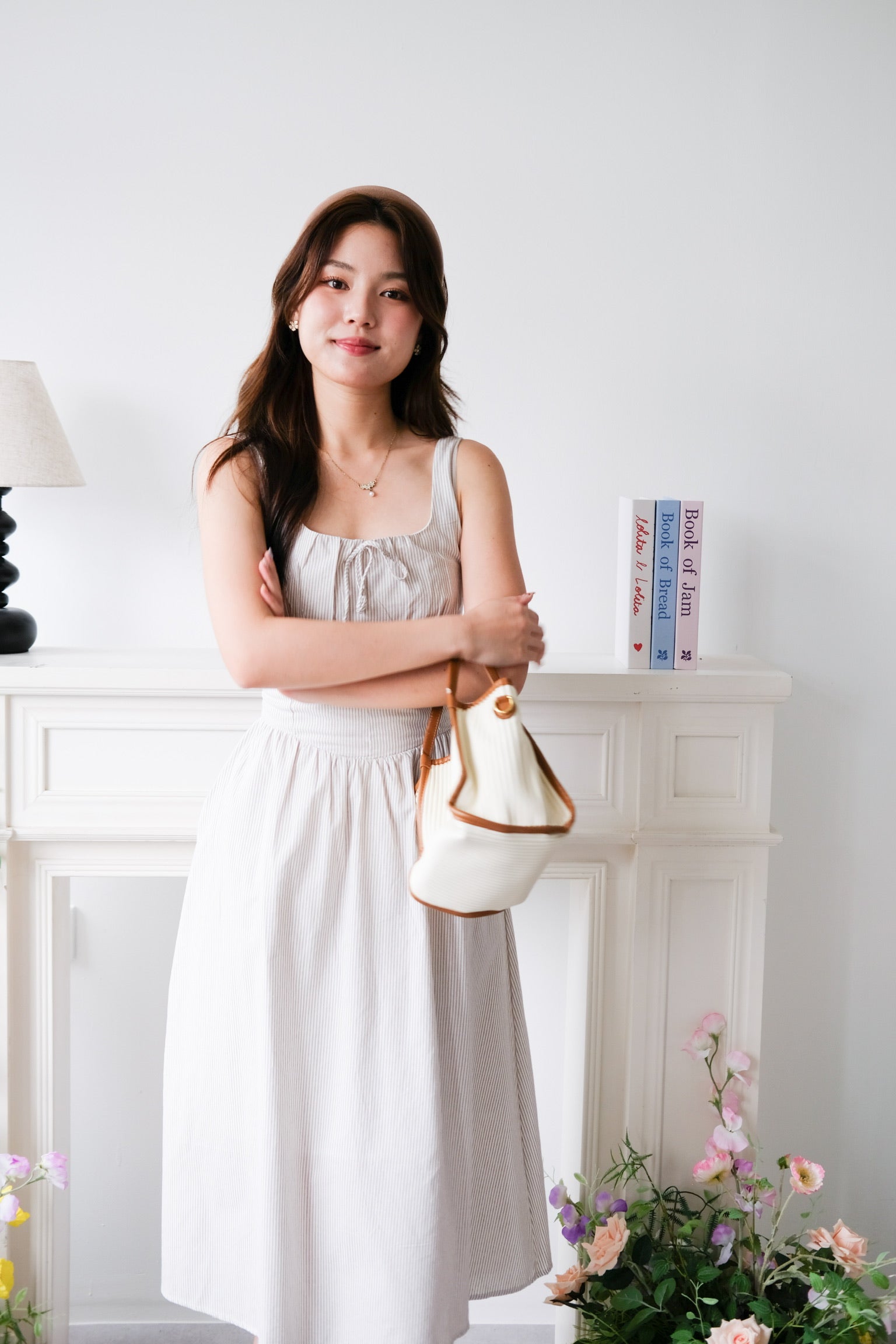 Carmie Thick Waist Midaxi Dress (Beige Stripes)