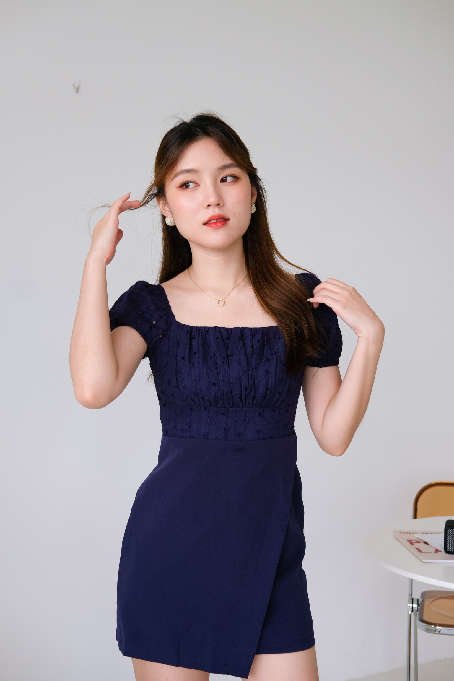 Kathryn Crochet Ruched Dress (Navy Blue)