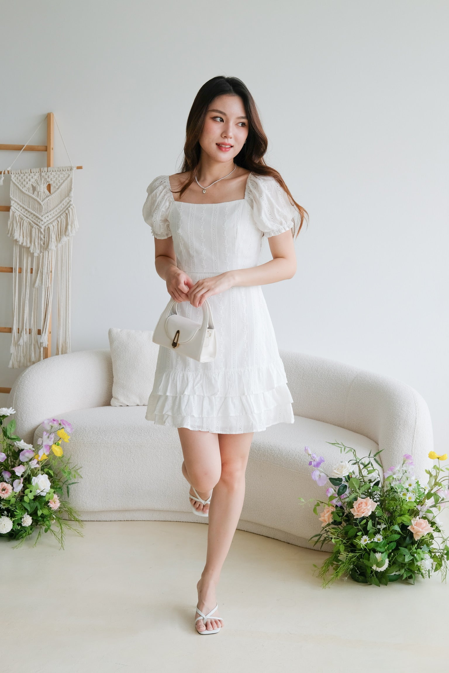 Evelyn Eyelet Ruffle Dress (White)