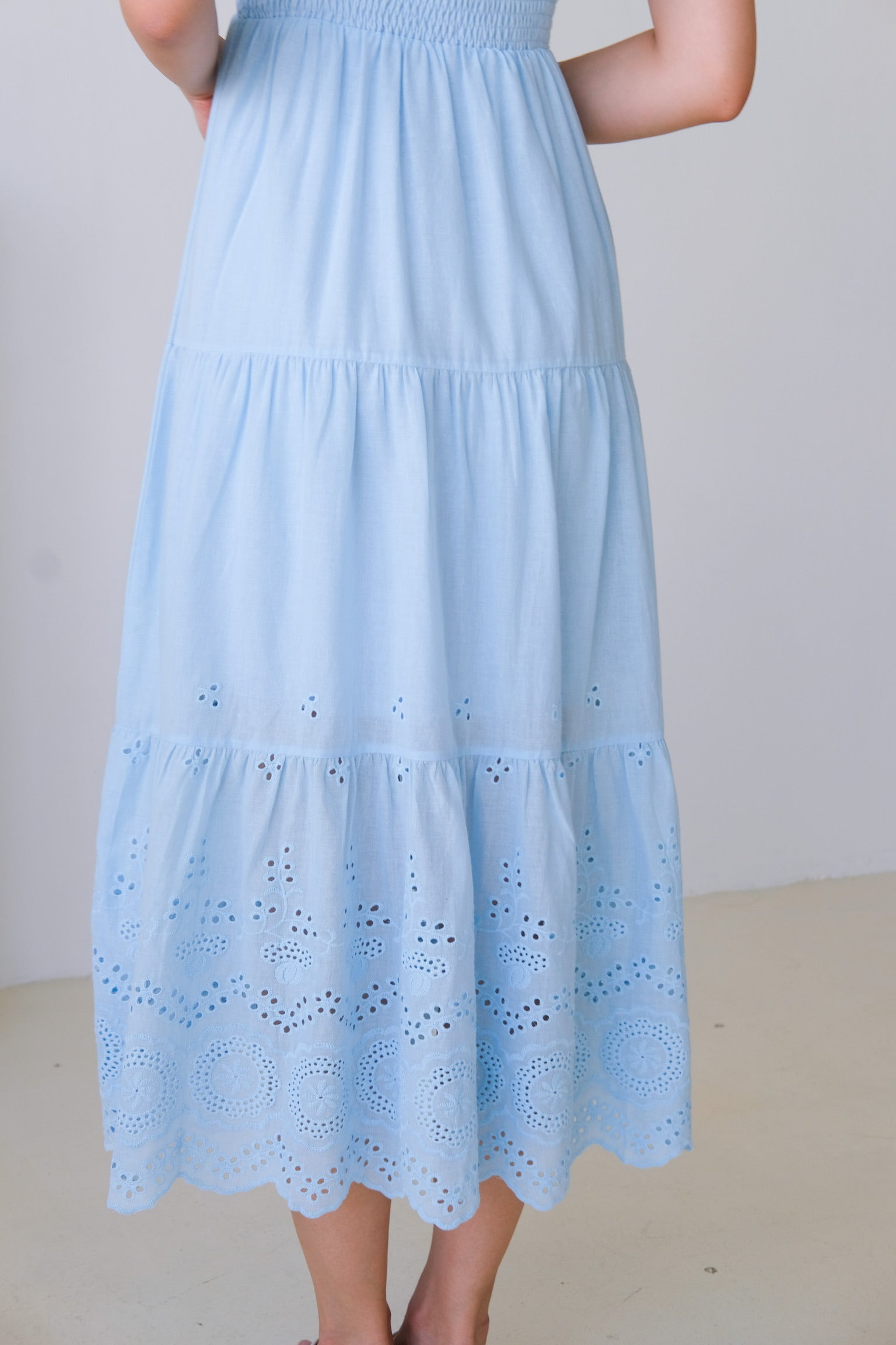 Adelaide Smocked Eyelet Maxi Dress (Sea Blue)