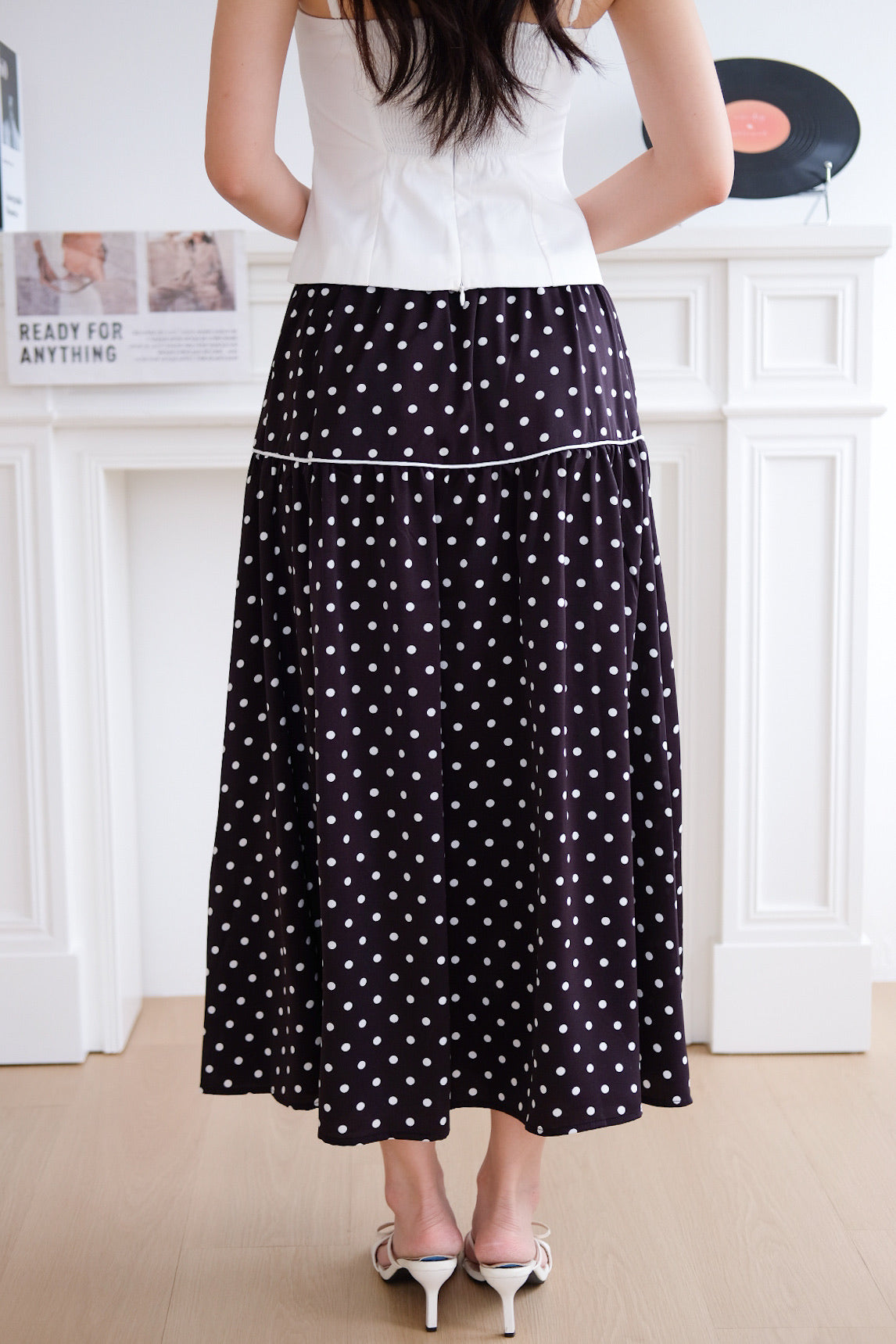 Alva Vintage Contrast A Line Skirt (Polka Black)
