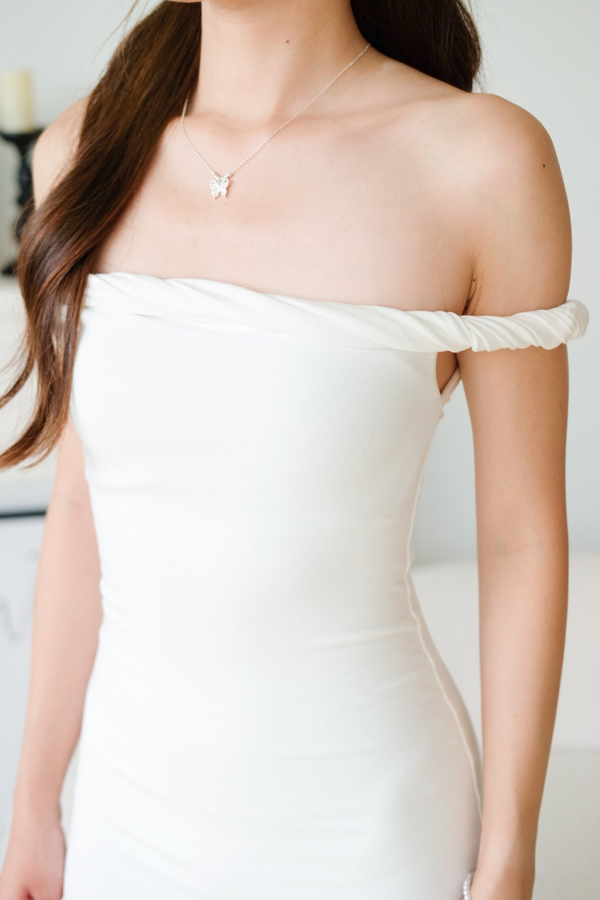 Kim Twist Off Shoulder Bodycon Maxi Dress (White)