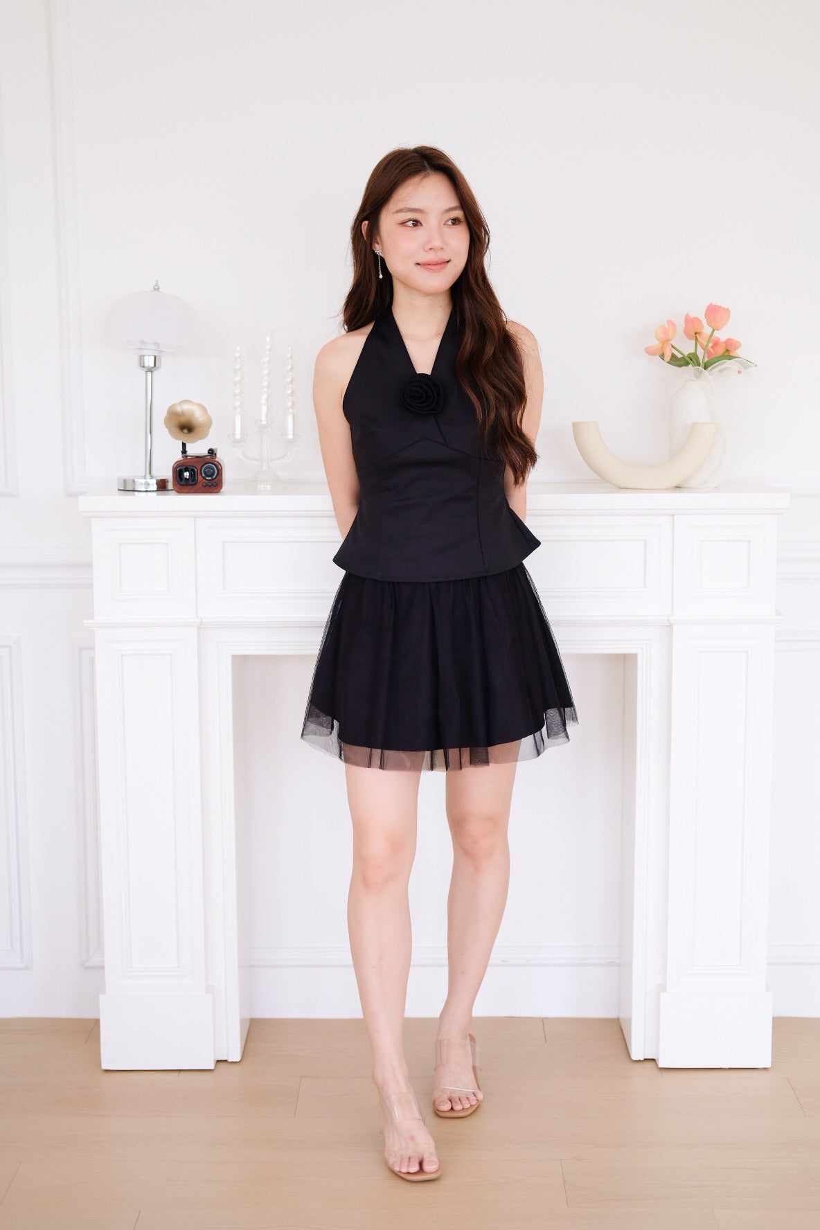 Rosette Halter Flare Crop (Black)