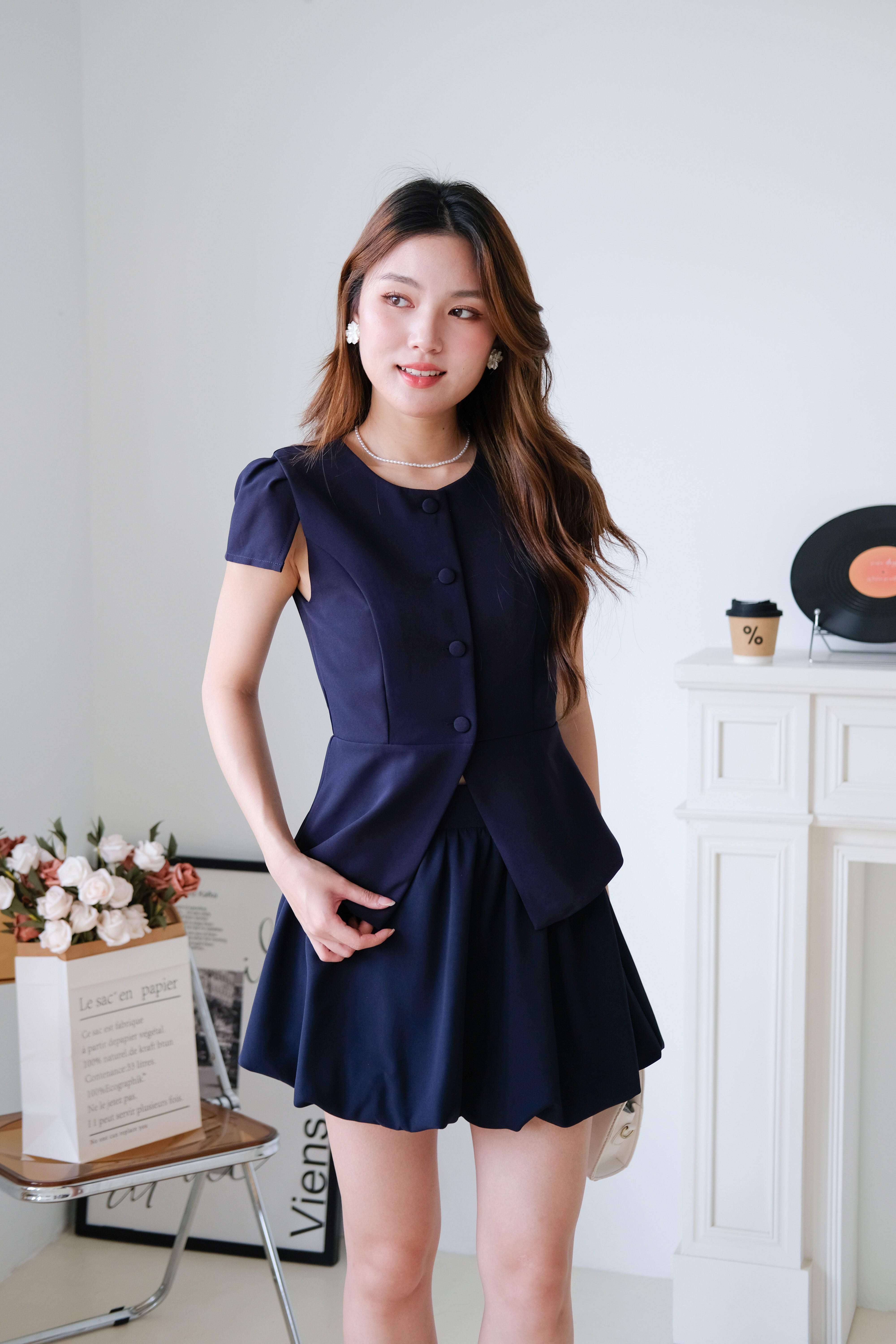 Amelie Structured Peplum Bubble Set (Navy Blue)