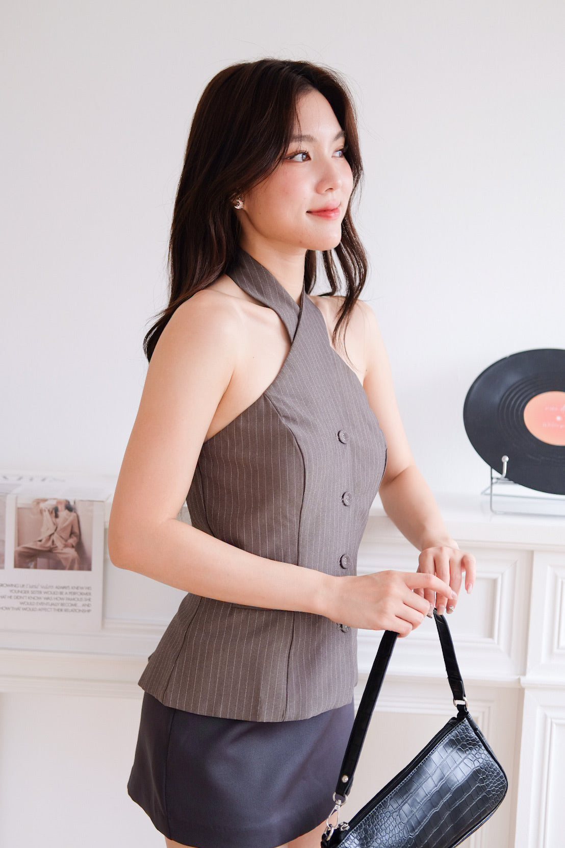 Angie Criss Cross Padded Top (Stripes Grey)