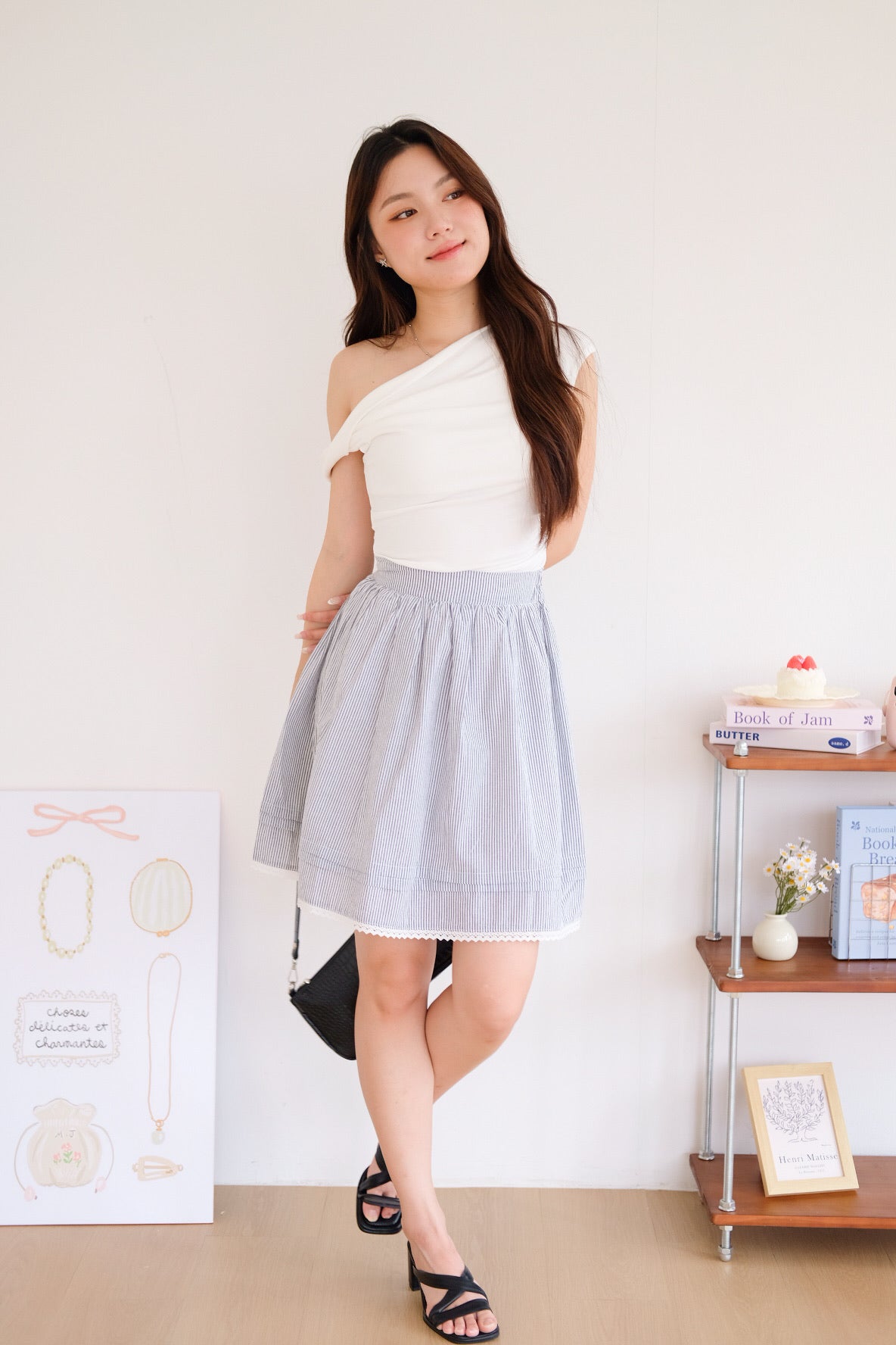 Reini Candy Stripes Knee Length Skirt (Black)