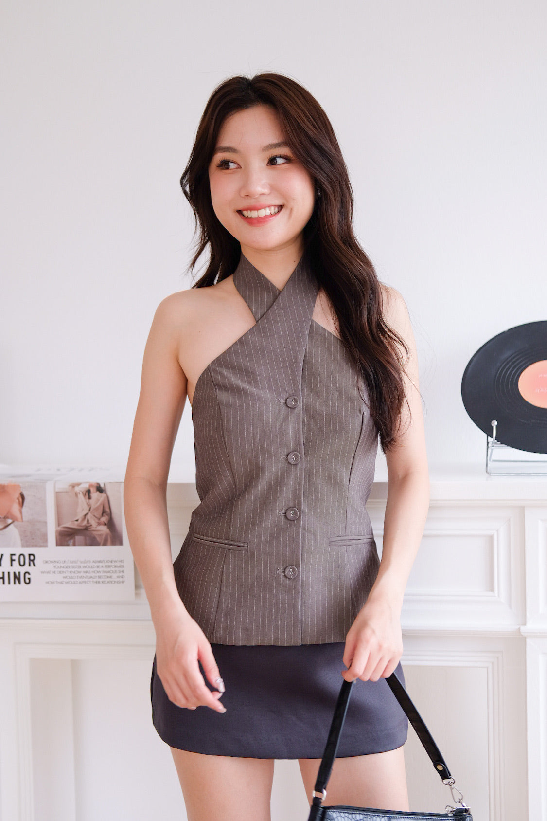 Angie Criss Cross Padded Top (Stripes Grey)