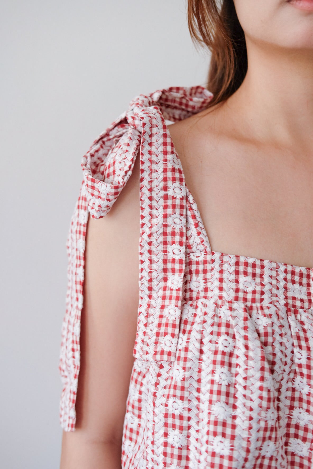 Red Plaid Self Tie Ribbon Babydoll Top