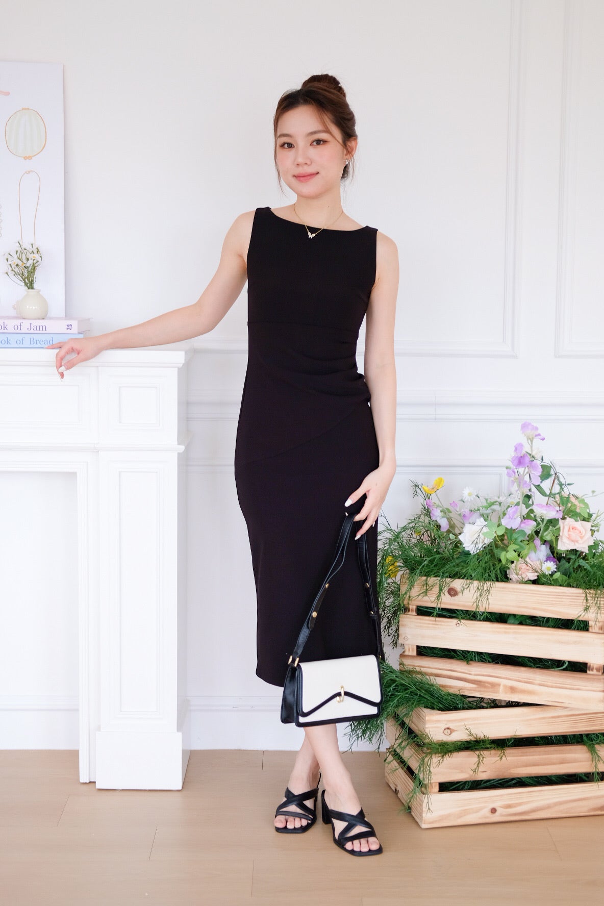 Felicia Boatneck Ruched Maxi Dress (Black)