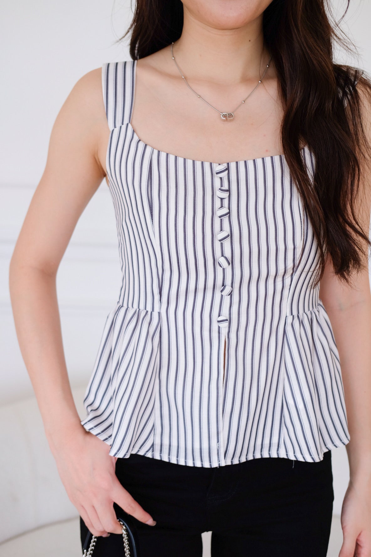 Naylie Peplum Front Slit Top (Blue Stripes)