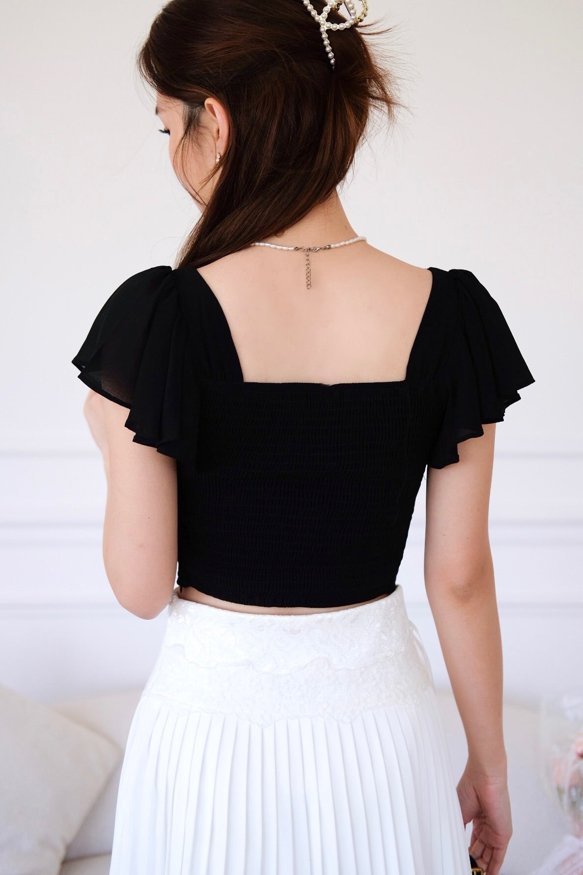 Lisette Flutter Crop Top (Black)