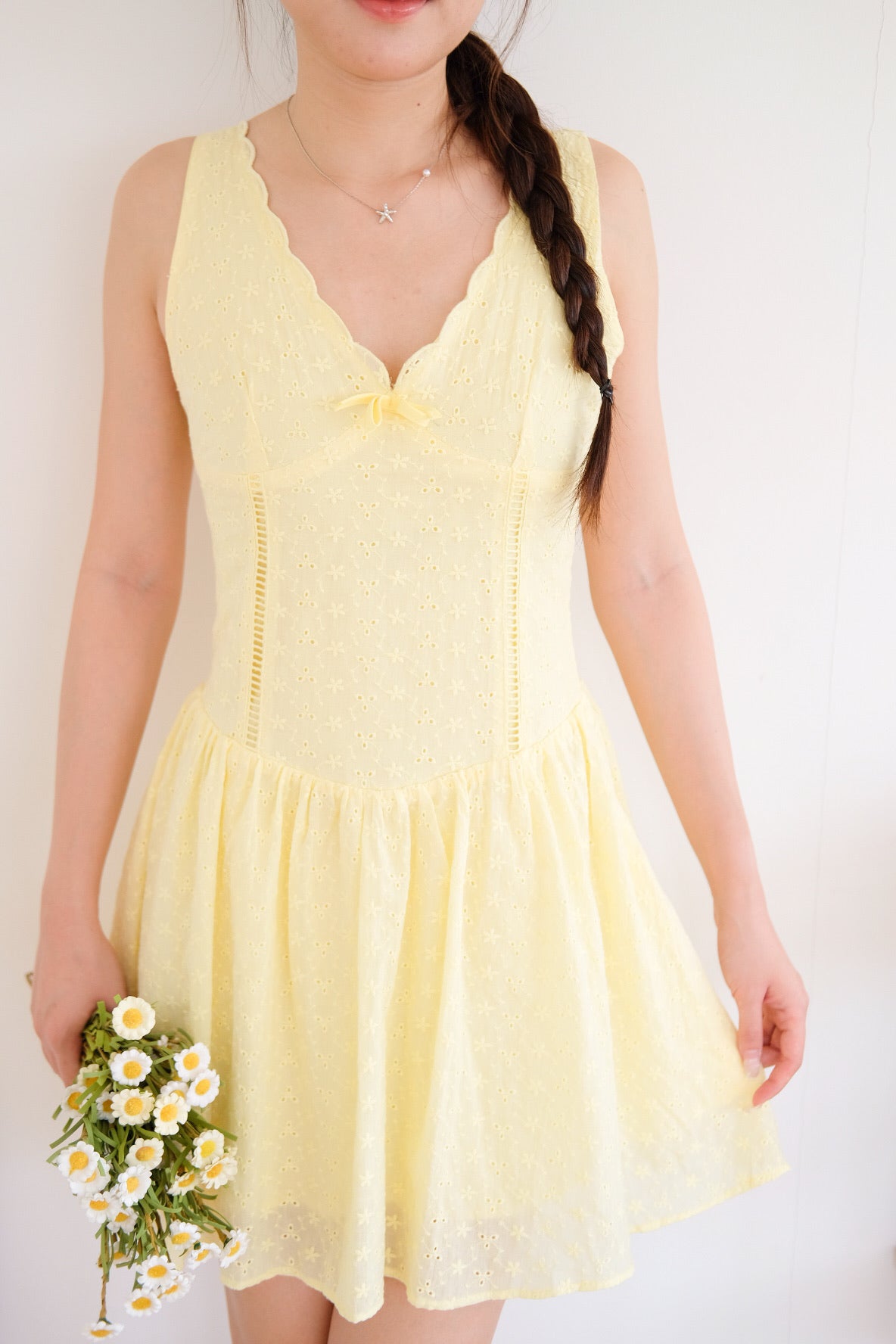 Reyna V Neck Eyelet Skater Dress (Sunshine Yellow)