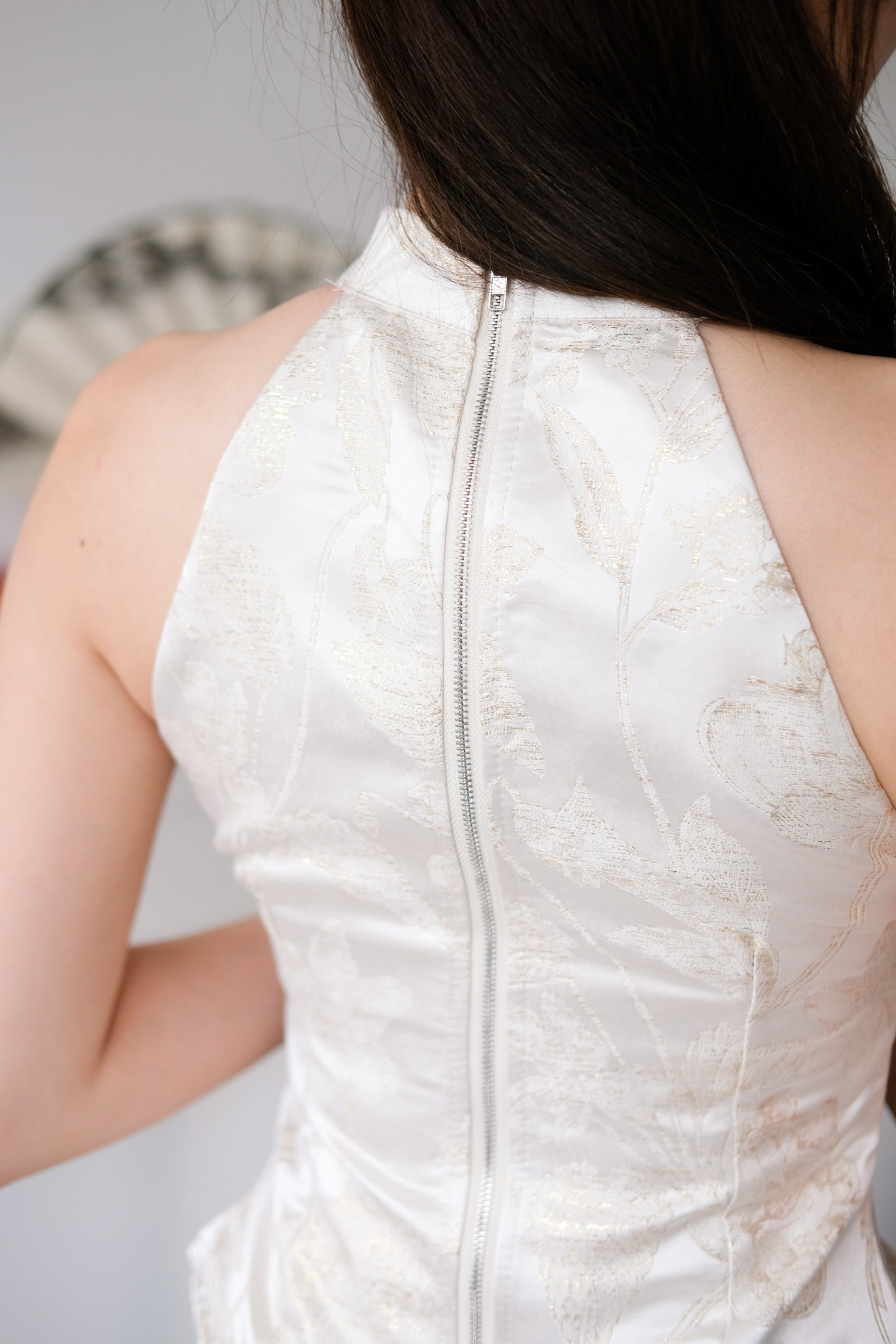 Yan Xi Halter Maxi Cheongsam Set (Cream Gold)