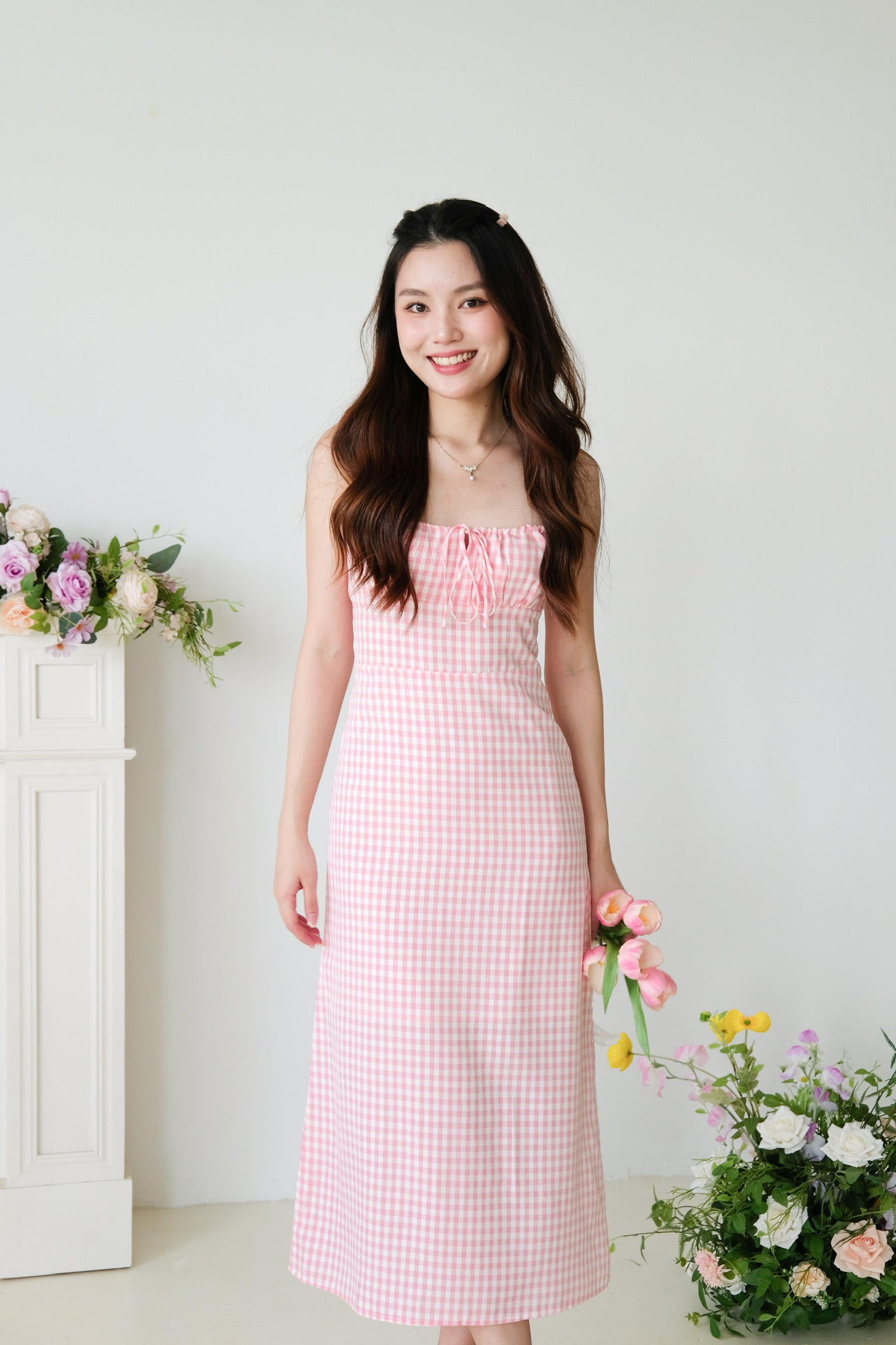 Veronnie Ruched Plaid Midi Dress (Pink)