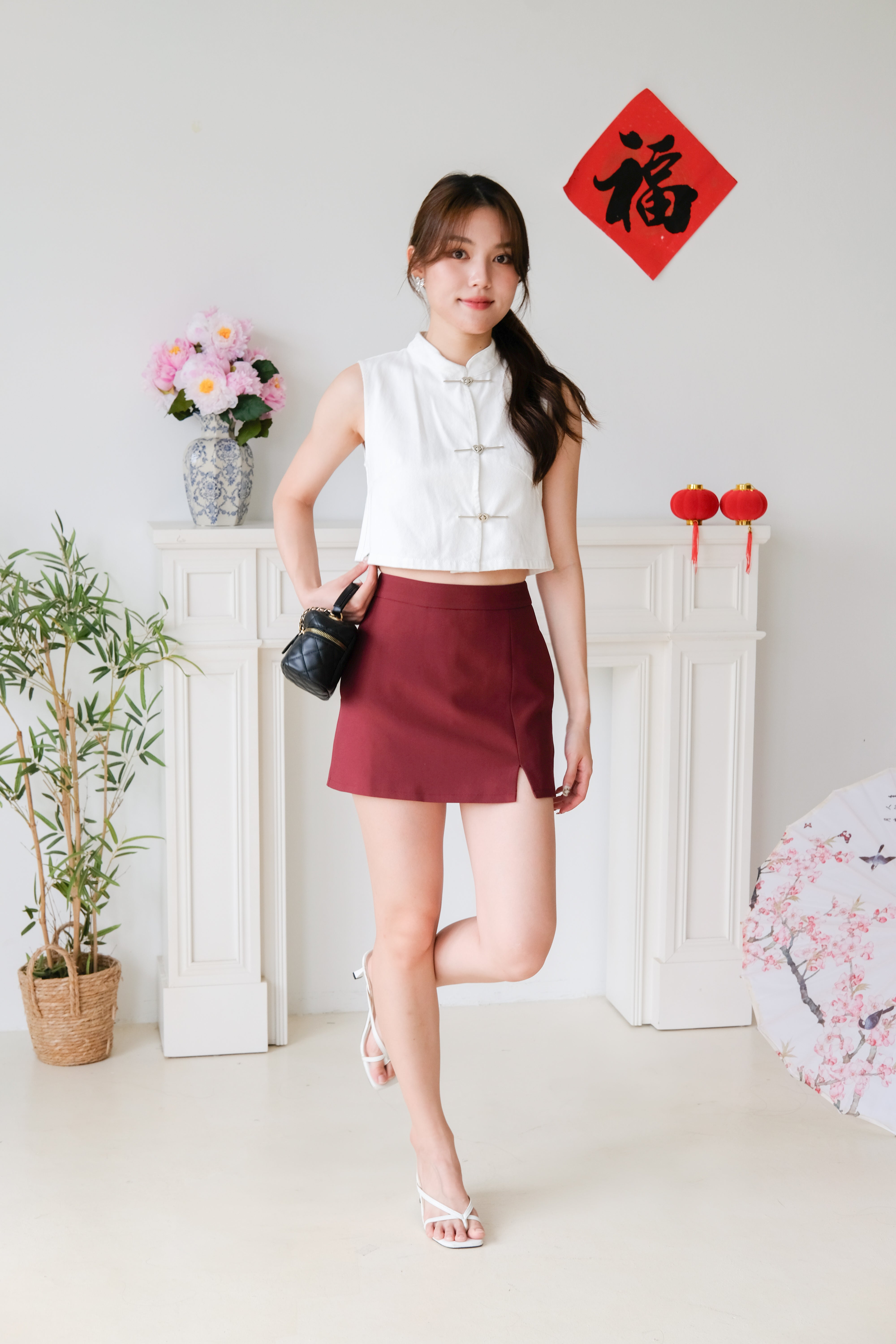 Andrea Denim Cheongsam Crop (White)