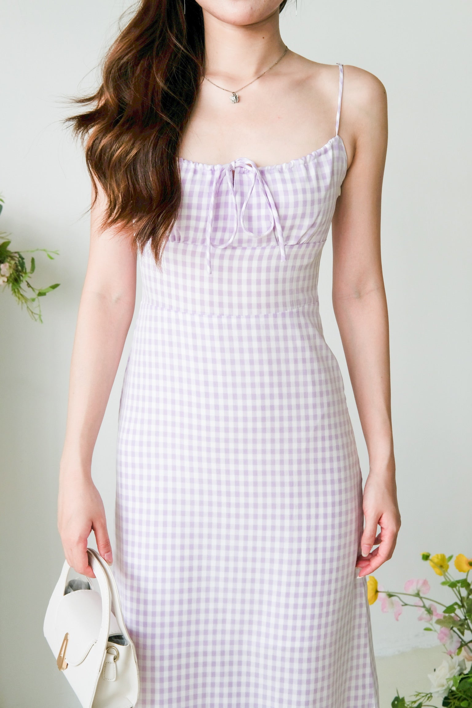 Veronnie Ruched Plaid Midi Dress (Purple)