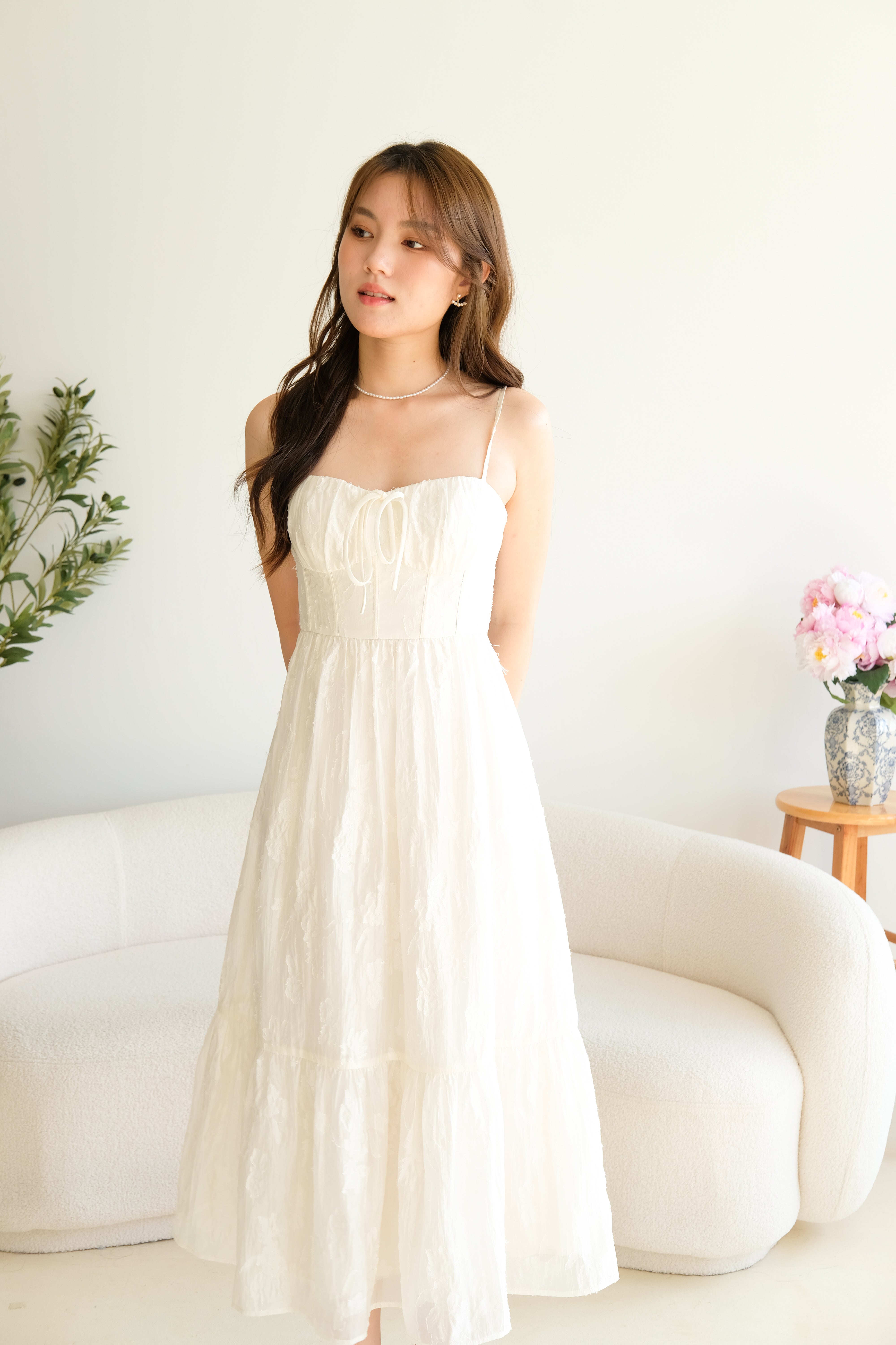 Whimsical Padded Organza Floral Maxi Dress (Cream)