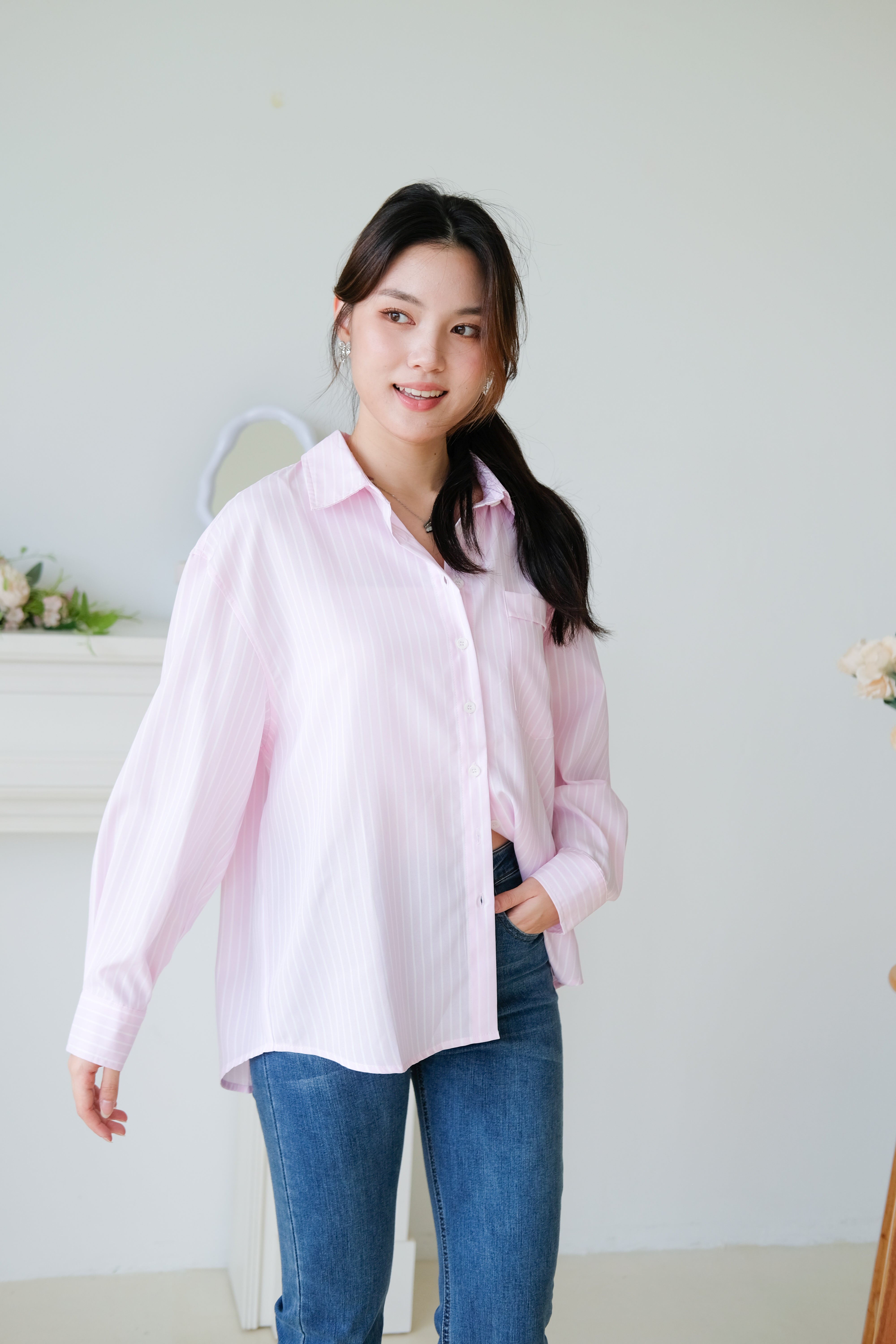 Wayne Stripes Boyfriend Shirts (Candy Pink)