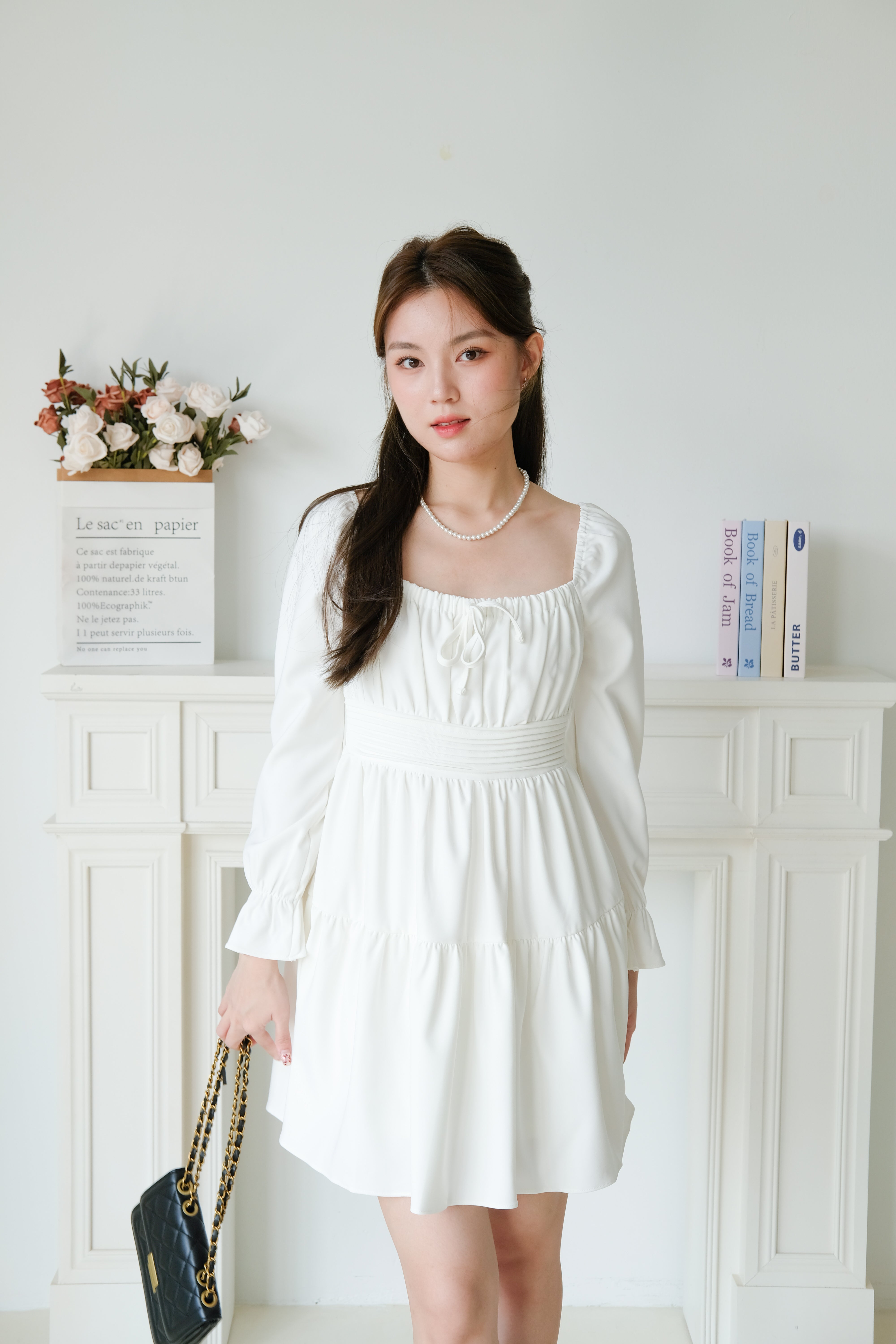 Destiny Ruched Long Sleeves Dress (White)