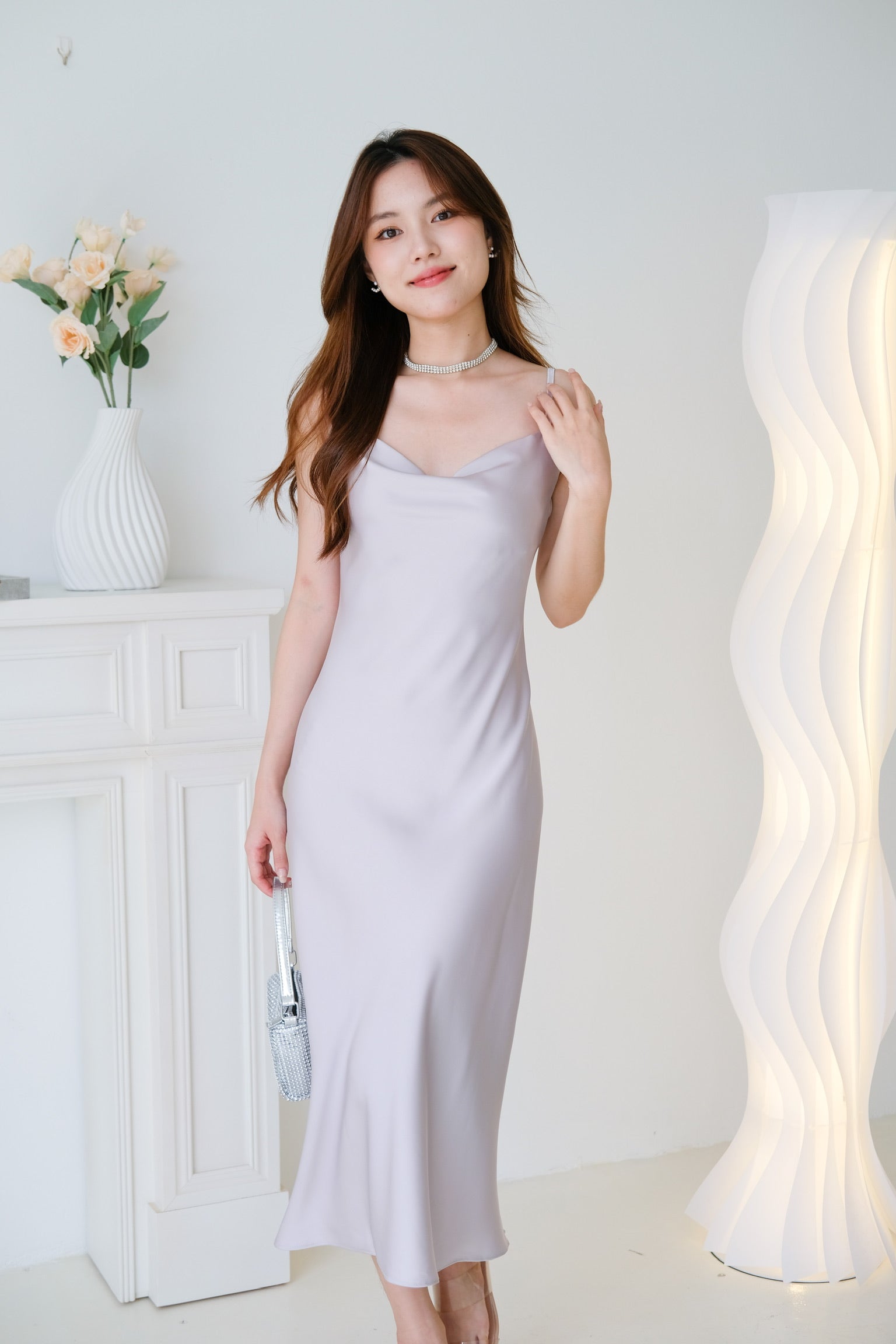 Elara Draped Satin Slip Dress (Silver)