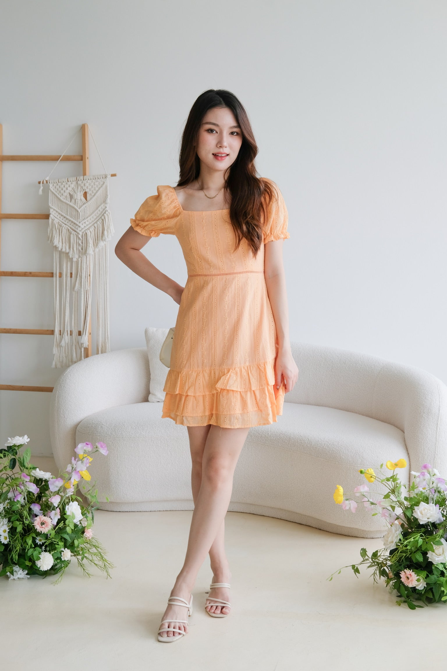 Evelyn Eyelet Ruffle Dress (Tangerine Orange)