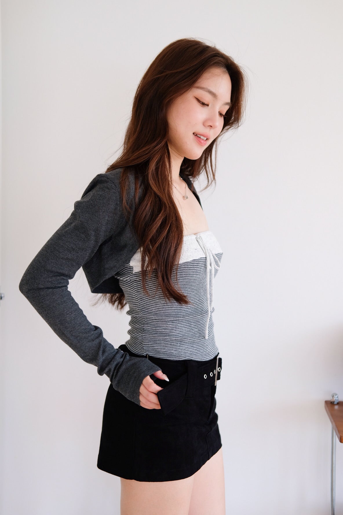 Caitlin Tube Stripes 2 in 1 Cardigan Set (Steel Grey)